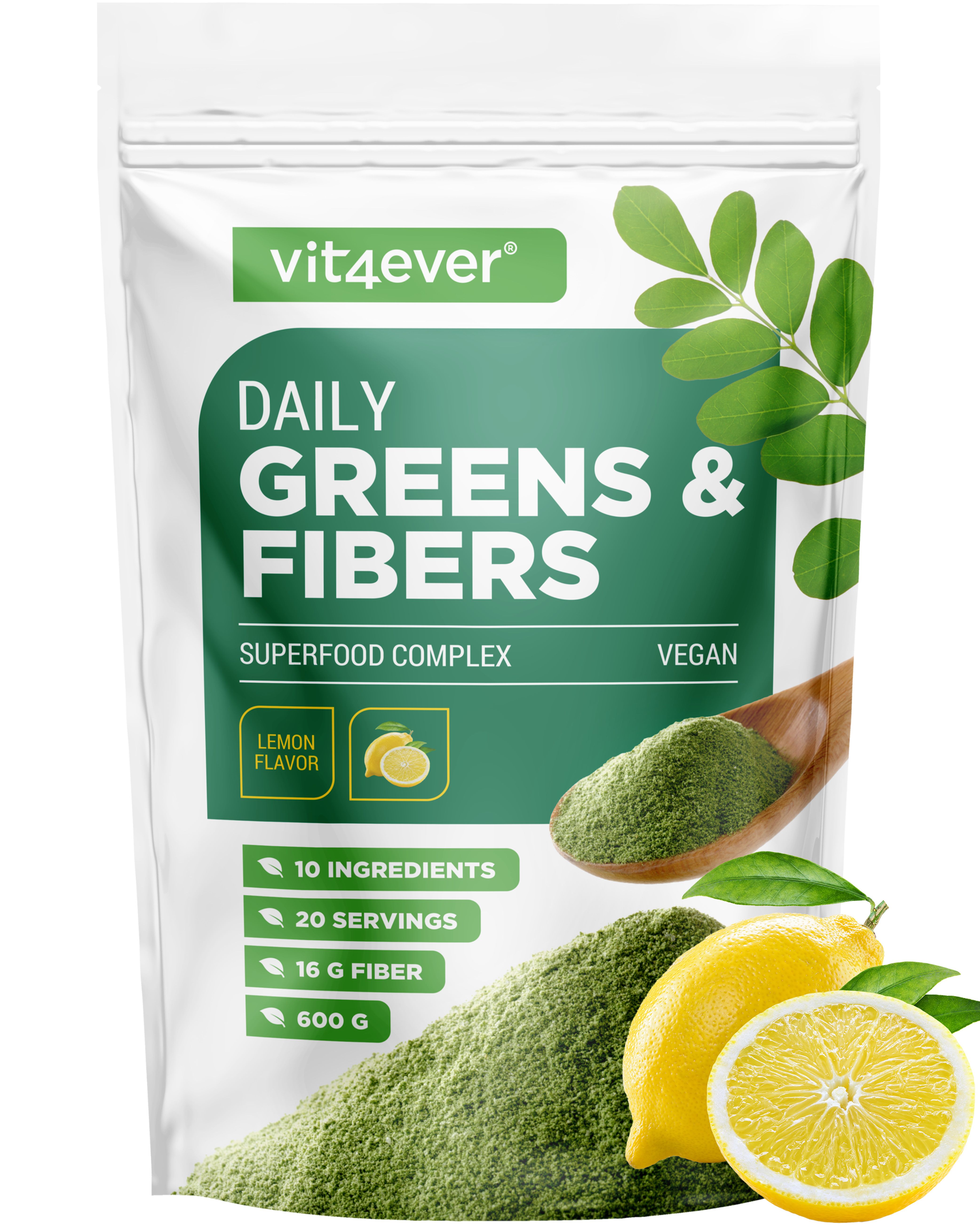 Beutel mit Daily Greens & Fibers. Aufschrift: Daily Greens & Fibers, Superfood Complex, Vegan, Zitronengeschmack. Mit Zitronen und Pulver.
