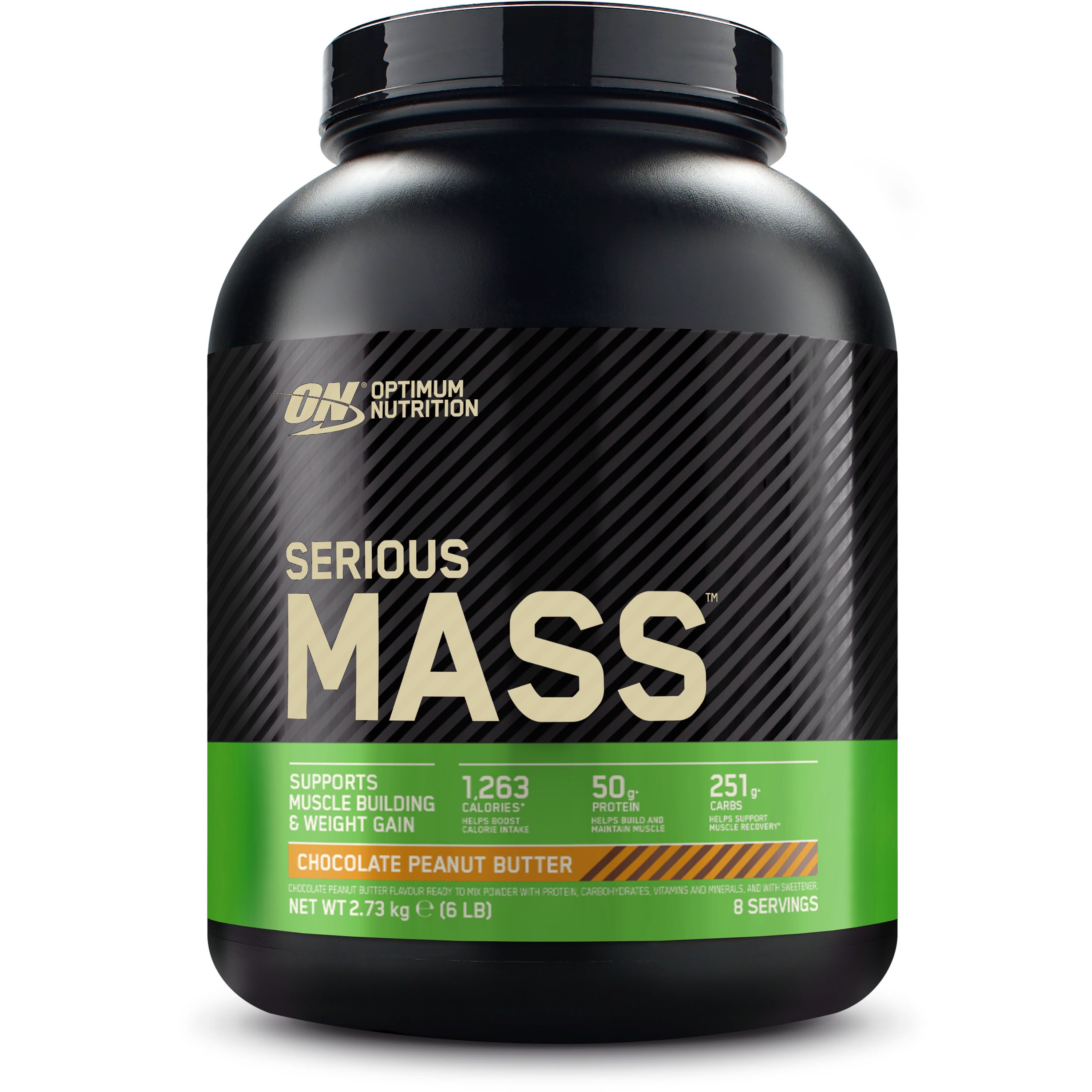 Schwarzer Behälter "Serious Mass". Grün-braune Banderole mit Nährwertangaben. "Optimum Nutrition"-Logo. Geschmack: Chocolate Peanut Butter.