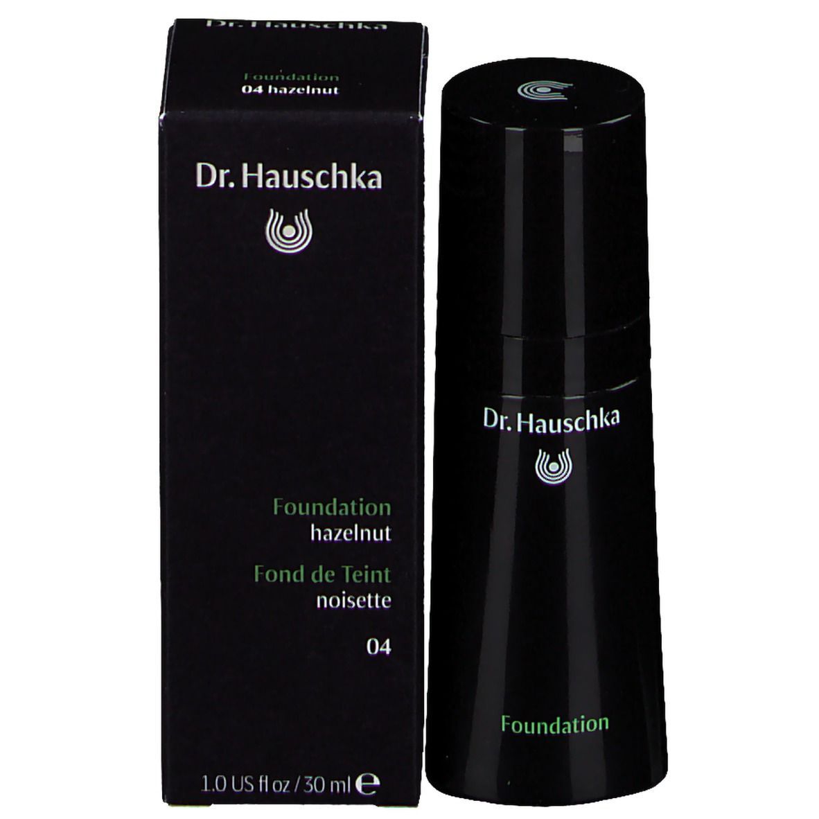 Foundation-Flasche und Schachtel. Schachtel mit Dr. Hauschka-Logo, Produktname und Farbton. Flasche schwarz.