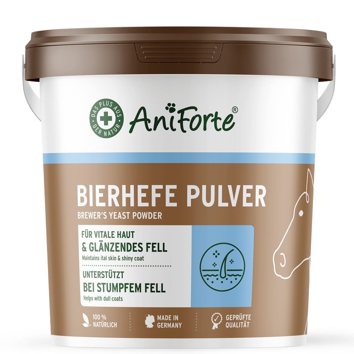 Eimer mit AniForte Bierhefe Pulver. Brauner Deckel, weißer Behälter, blaue Beschriftung. Enthält Informationen zur Fellpflege.