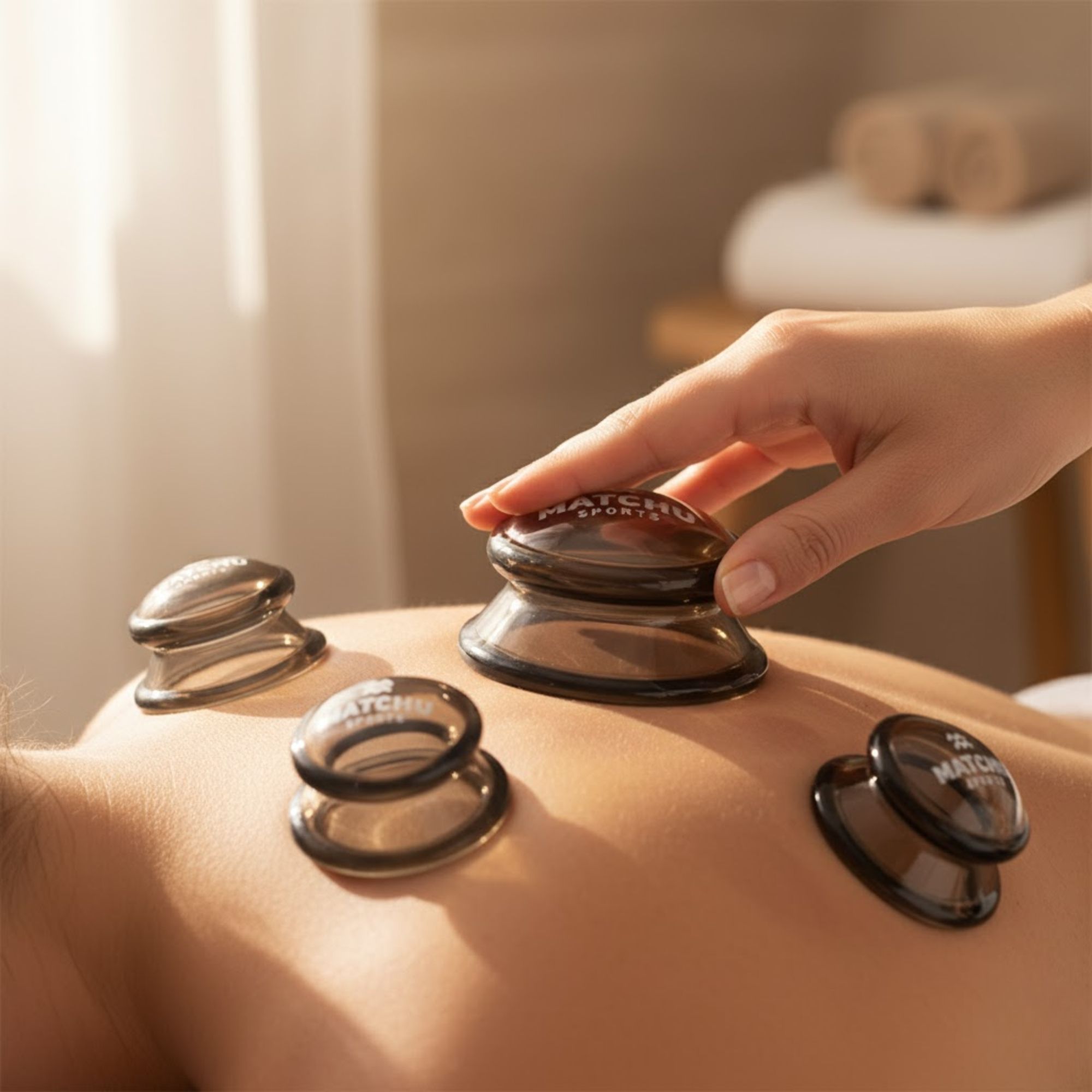 Person mit Schröpfköpfen auf dem Rücken. Schröpfköpfe mit "MATCHU SPORTS" beschriftet.