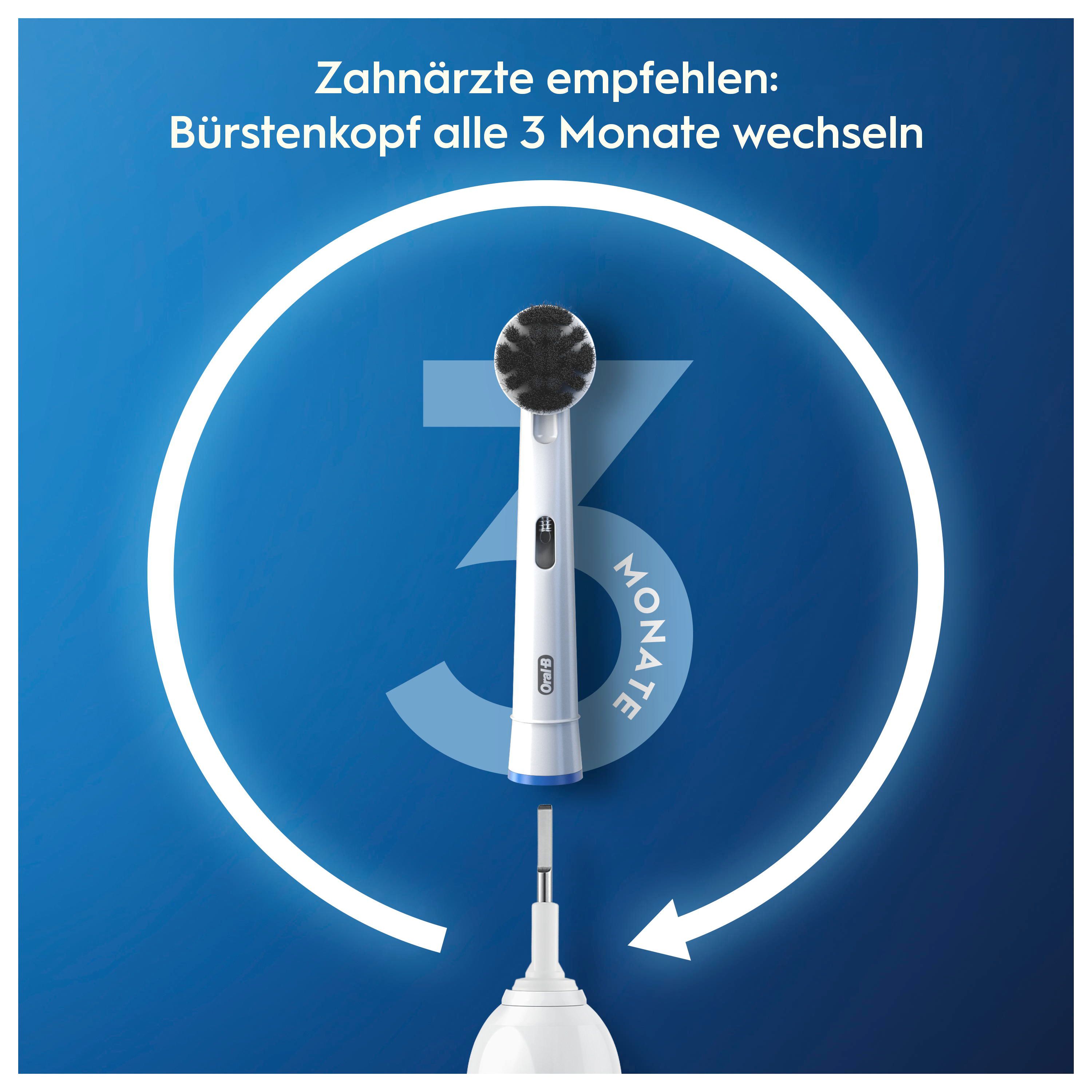 Nahaufnahme eines Zahnbürstenkopfes. Text: Zahnärzte empfehlen: Bürstenkopf alle 3 Monate wechseln. Pfeil um den Kopf.