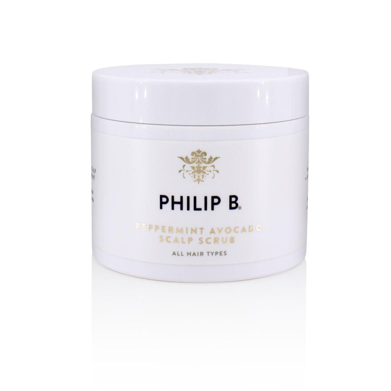 Weißer Tiegel mit Deckel. Aufschrift: PHILIP B. Peppermint Avocado Scalp Scrub, für alle Haartypen. Goldfarbenes Logo.