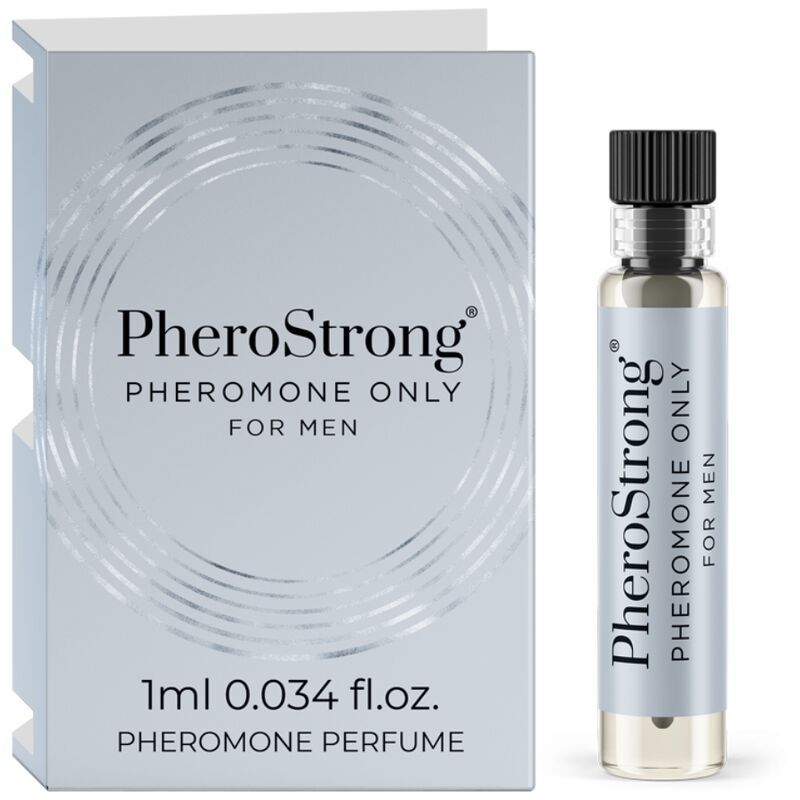 PheroStrong Pheromon-Parfum für Männer, 1ml. Enthält eine kleine Glasflasche mit Parfüm und eine Umverpackung.
