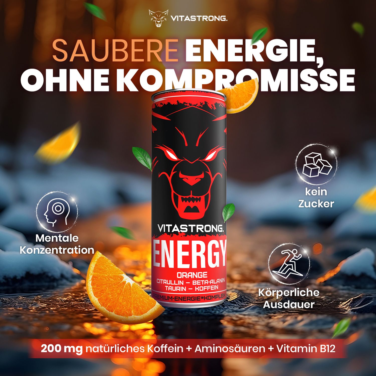 Vitastrong Energy Orange Dose mit Text und Icons. Orange-Scheiben. Text: Saubere Energie, ohne Kompromisse.