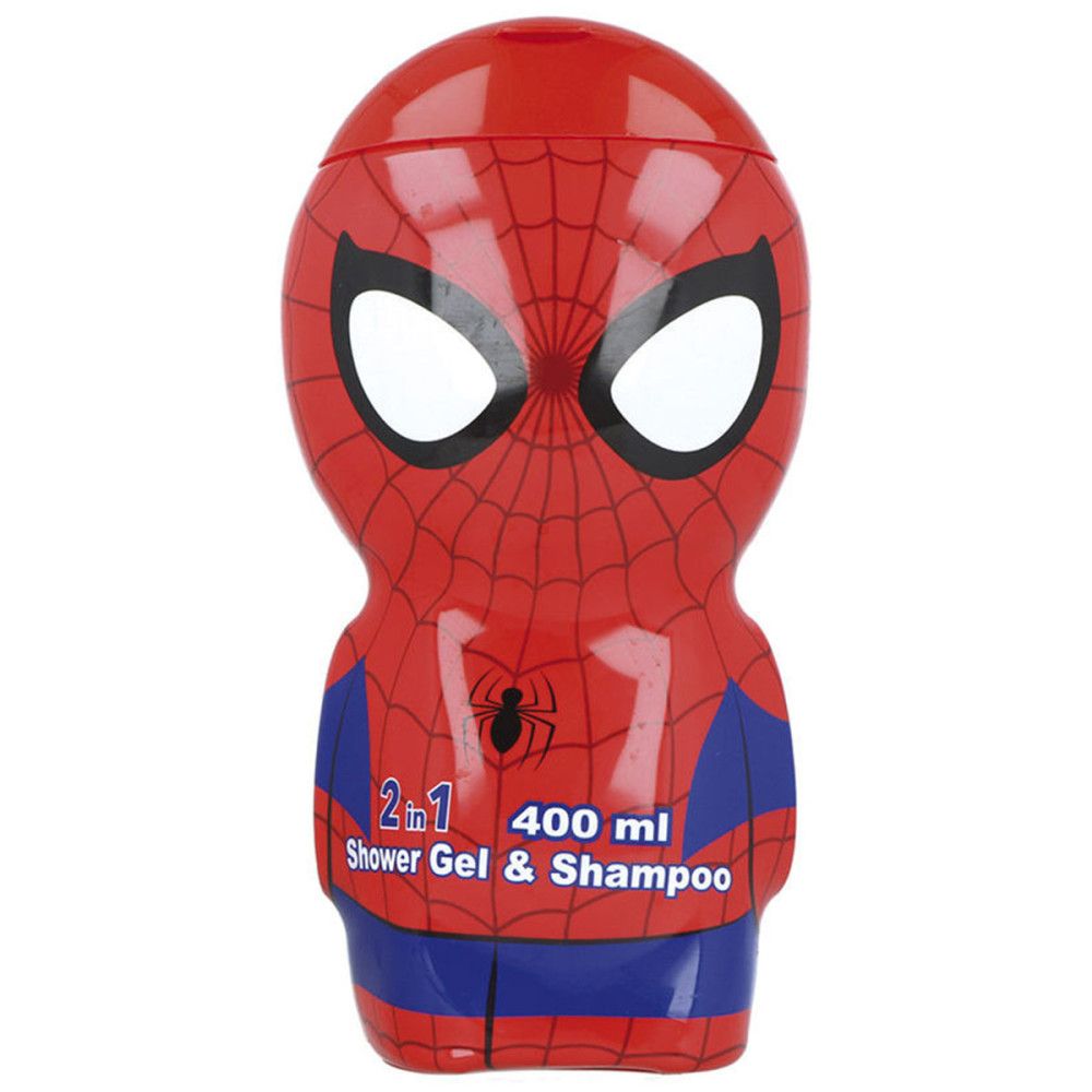 Rote Spiderman-Flasche, 2-in-1 Duschgel & Shampoo, 400 ml. Spiderman-Gesicht mit Augen, Spinnennetz-Design, blaue Akzente.