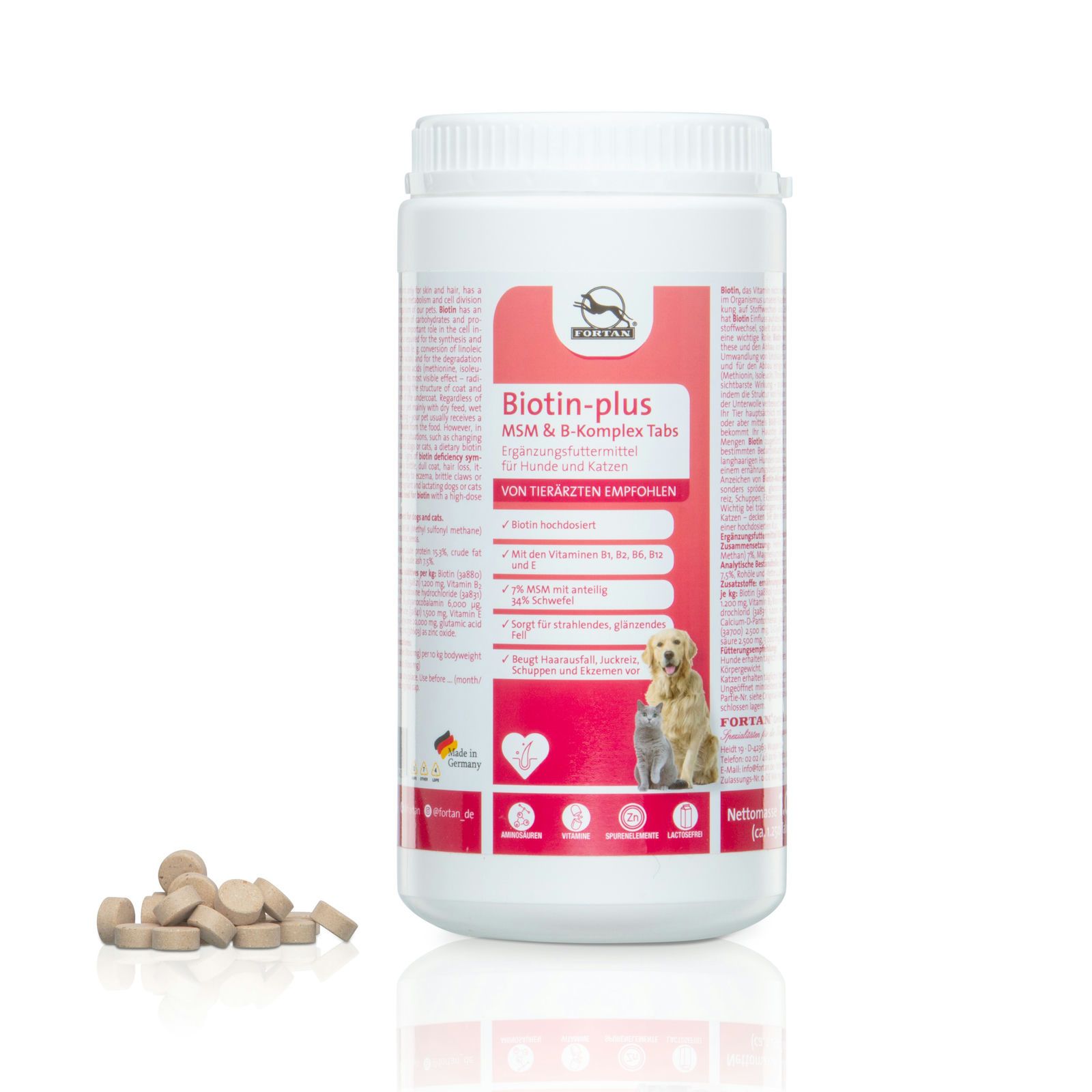 Weiße Dose mit rotem Etikett und Tabletten daneben. Text: FORTAN Biotin-plus MSM & B-Komplex Tabs. Empfohlen von Tierärzten. Hund und Katze.