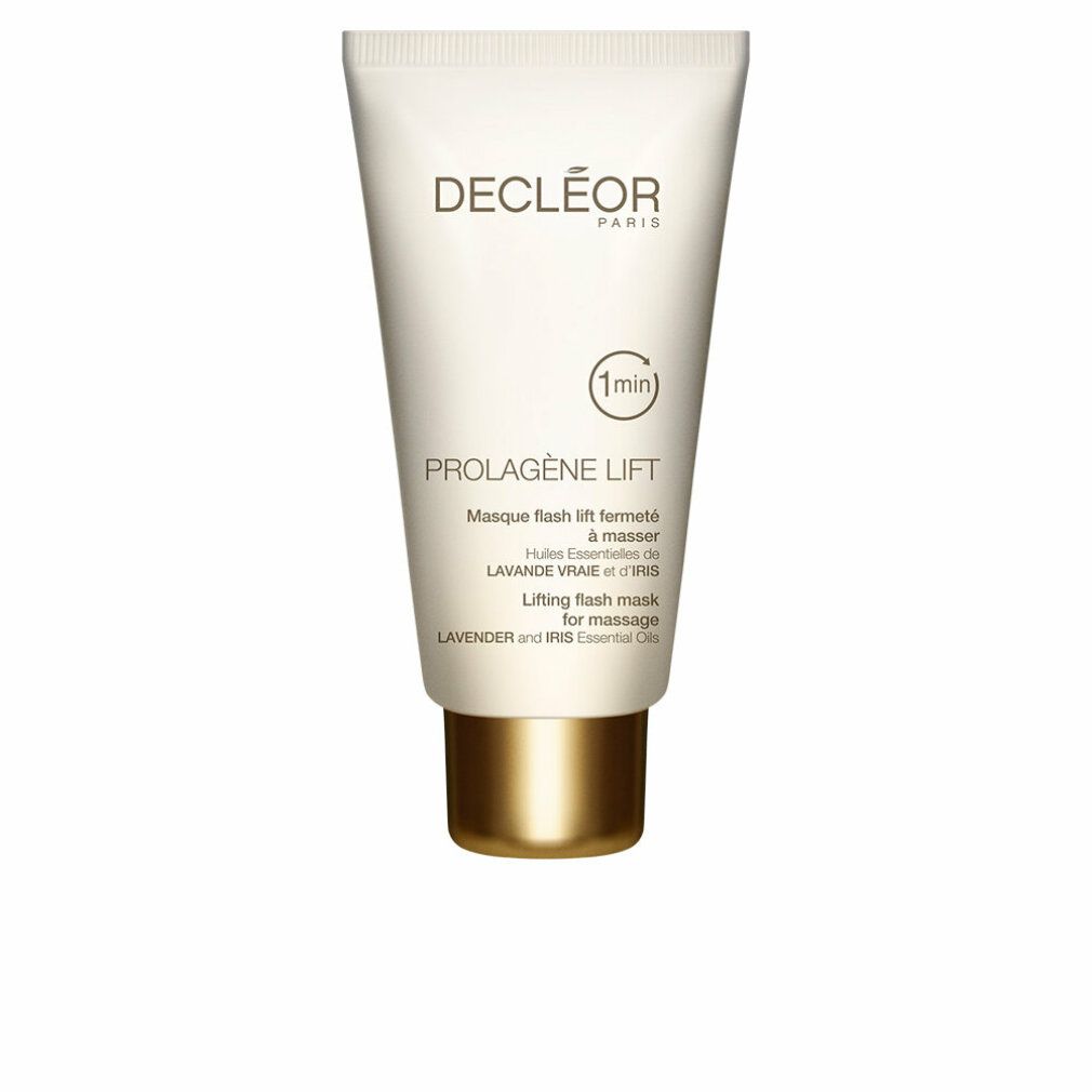 Weiße Tube mit goldenem Verschluss. Aufschrift: Decleor Paris, Prolagene Lift, 1 min. Lifting Flash Mask.