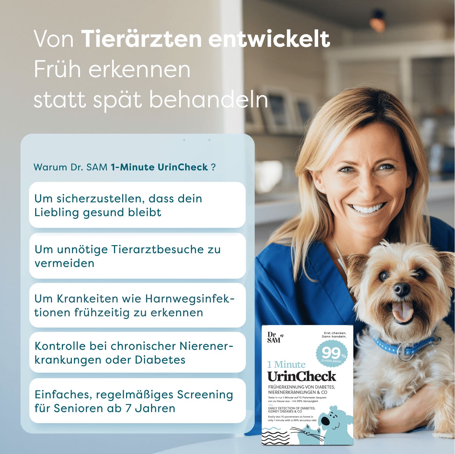 Frau mit Hund und Dr. SAM 1-Minute UrinCheck-Verpackung. Text: 1 Minute UrinCheck, 99%.