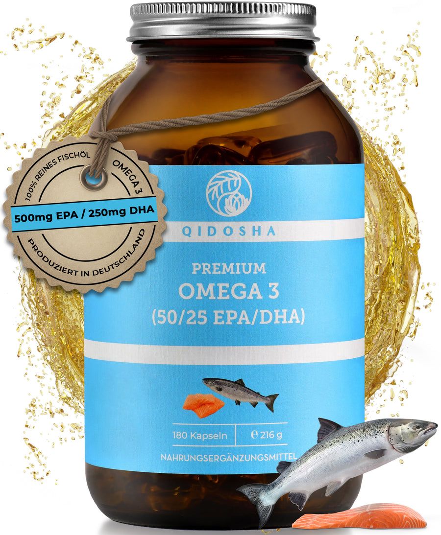 Braune Glasflasche mit blauer Banderole. QIDOSHA OMEGA 3. Kapseln. Fisch- und Lachs-Illustrationen. Siegel: 100% reines Fischöl, 500mg EPA/250mg DHA.