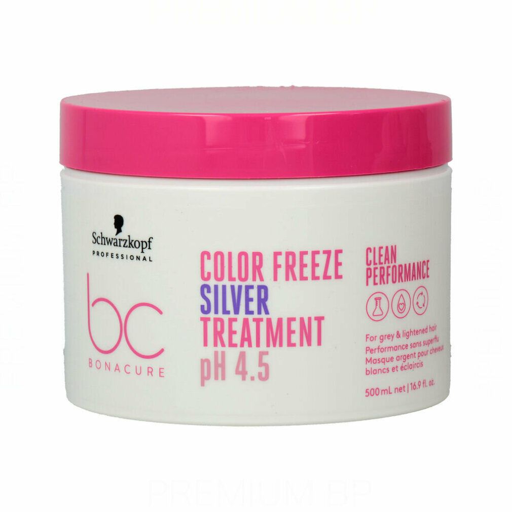 Weißer Tiegel mit pinkfarbenem Deckel. Aufschrift: Schwarzkopf, BC Bonacure, Color Freeze Silver Treatment pH 4.5. Für graues und blondiertes Haar.