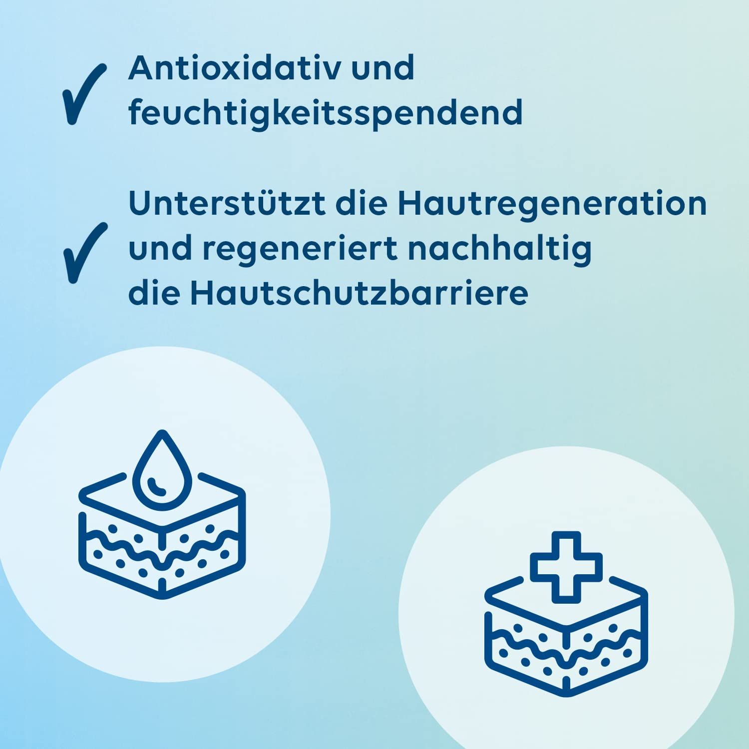Grafische Darstellung. Text: Antioxidativ und feuchtigkeitsspendend. Unterstützt die Hautregeneration und regeneriert nachhaltig die Hautschutzbarriere.