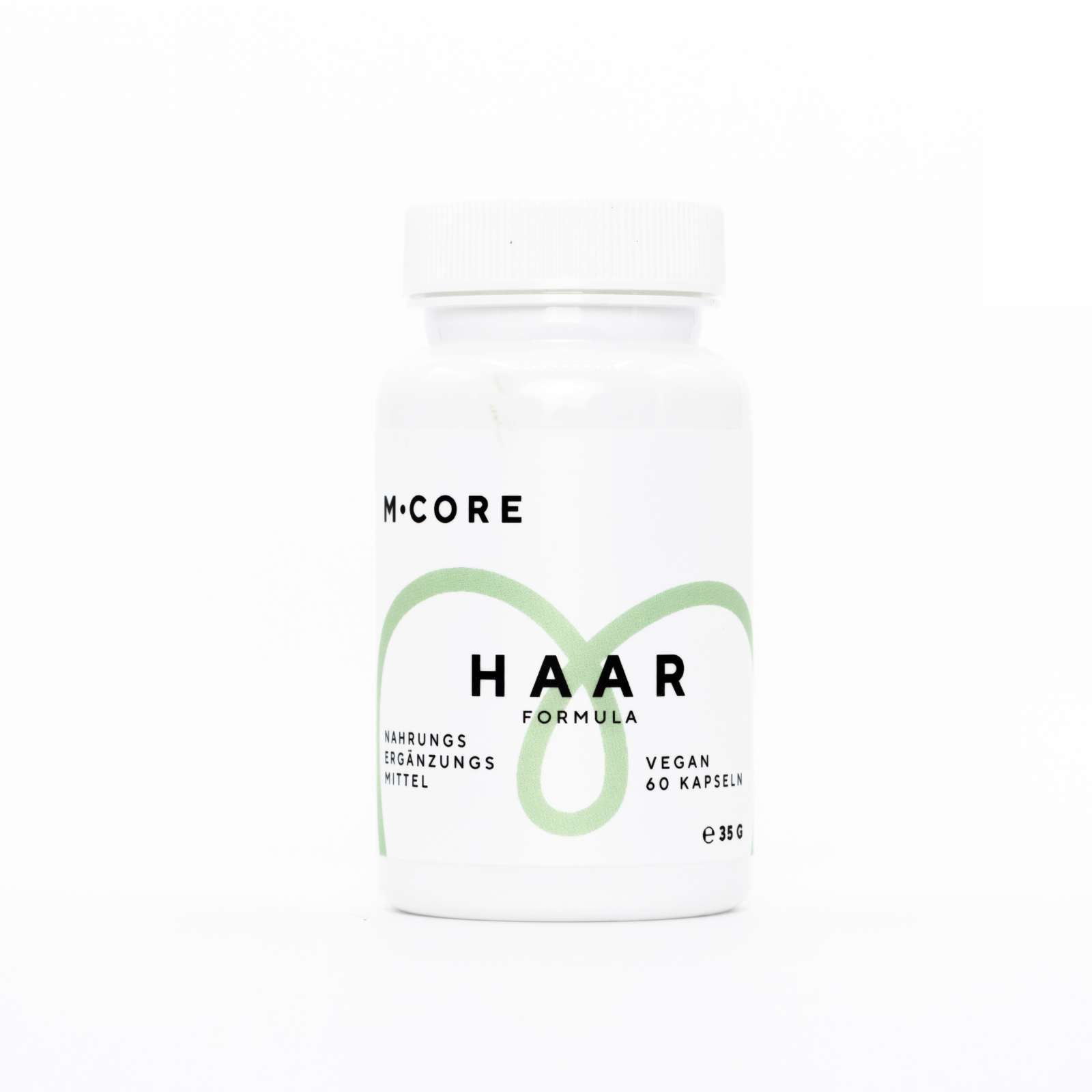 Weiße Flasche mit grünem Schriftzug M-Core Haar Formula. Vegan, 60 Kapseln. Aufdruck: Nahrungsergänzungsmittel.