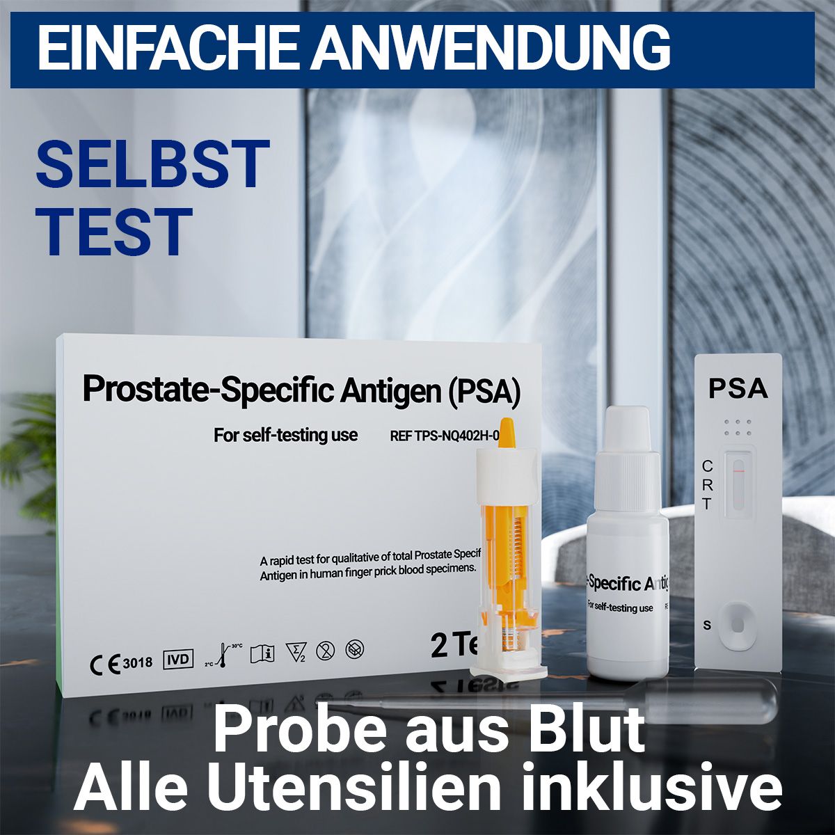 Packung mit PSA-Test. Enthält Testkassette, Fläschchen, Pipette und weitere Utensilien. Text: Prostate-Specific Antigen (PSA).