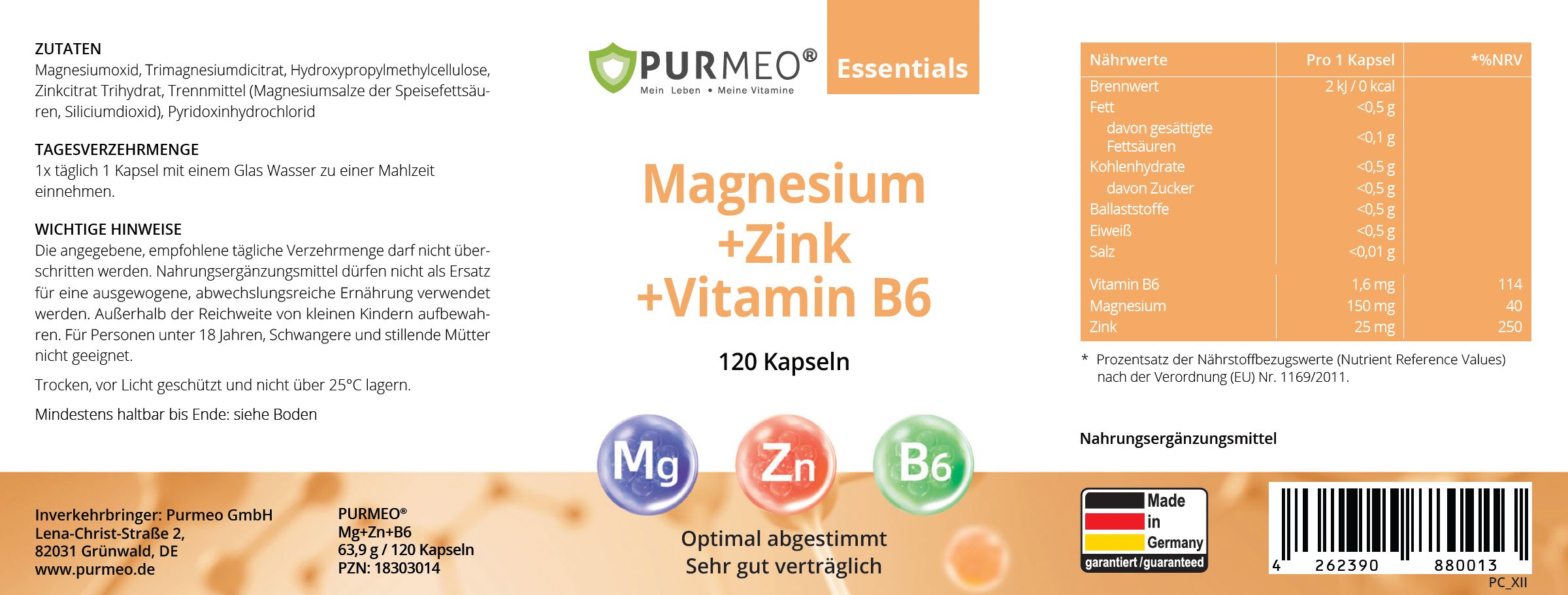 Etikett mit Produktinformationen. PURMEO Magnesium+Zink+Vitamin B6. 120 Kapseln. Inhaltsstoffe und Nährwertangaben.