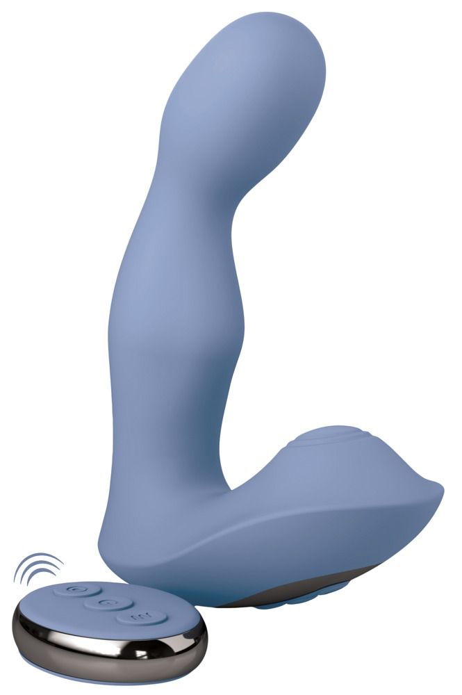 Hellblaues Wellness-Produkt mit Fernbedienung. Das Produkt hat eine geschwungene Form.