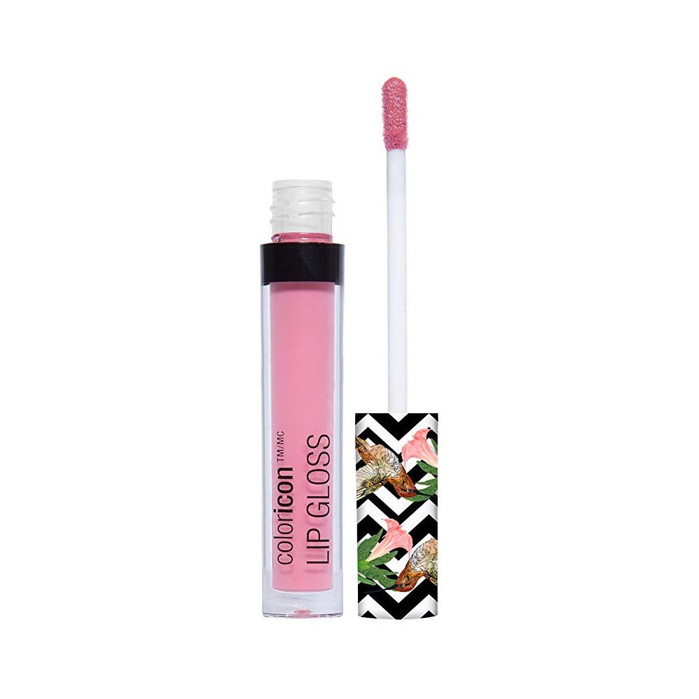 Lipgloss-Fläschchen mit rosa Inhalt und Applikator. Der Griff ist mit einem Muster aus Schwarz, Weiß und Blumen verziert. Auf dem Fläschchen steht "coloricon LIP GLOSS".