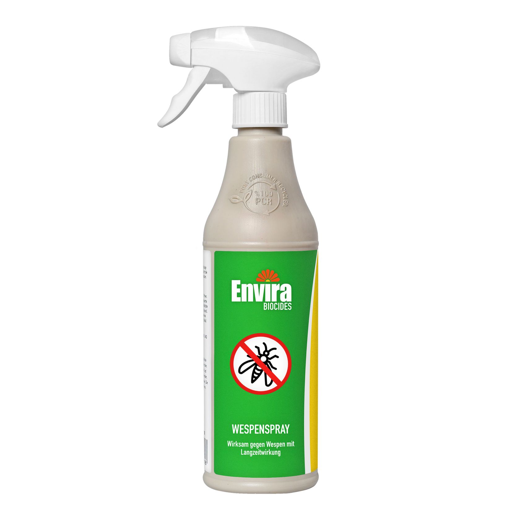 Envira Wespen-Spray. Grüne Flasche mit weißem Sprühkopf. Logo und Text: Wespenspray. Wirksam gegen Wespen mit Langzeitwirkung.