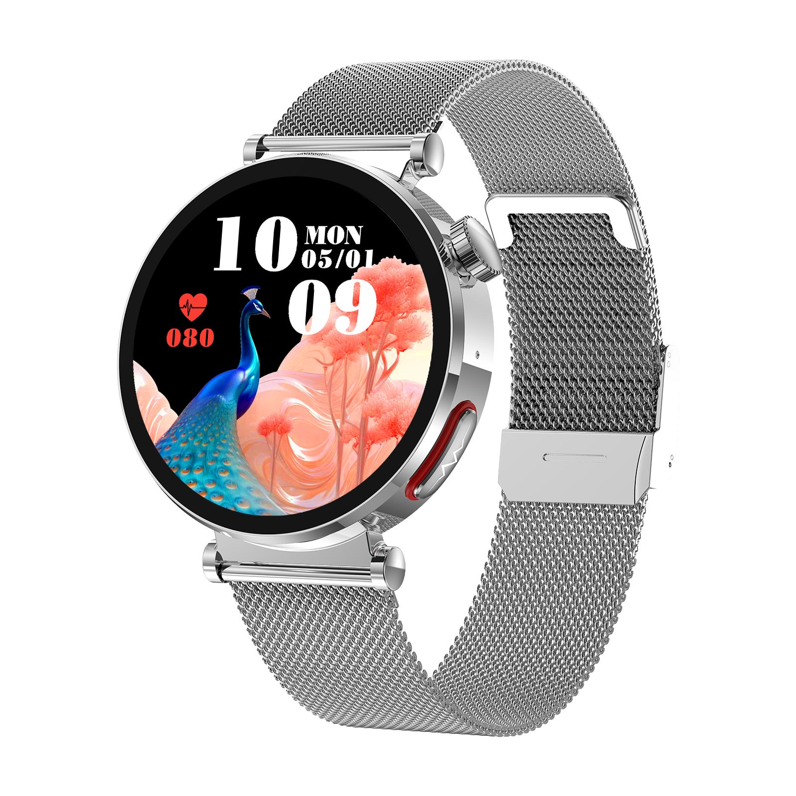 Silberfarbene Smartwatch mit rundem Zifferblatt. Auf dem Display: Uhrzeit, Datum, Herzfrequenz und ein Pfau-Motiv. Edelstahl-Armband.