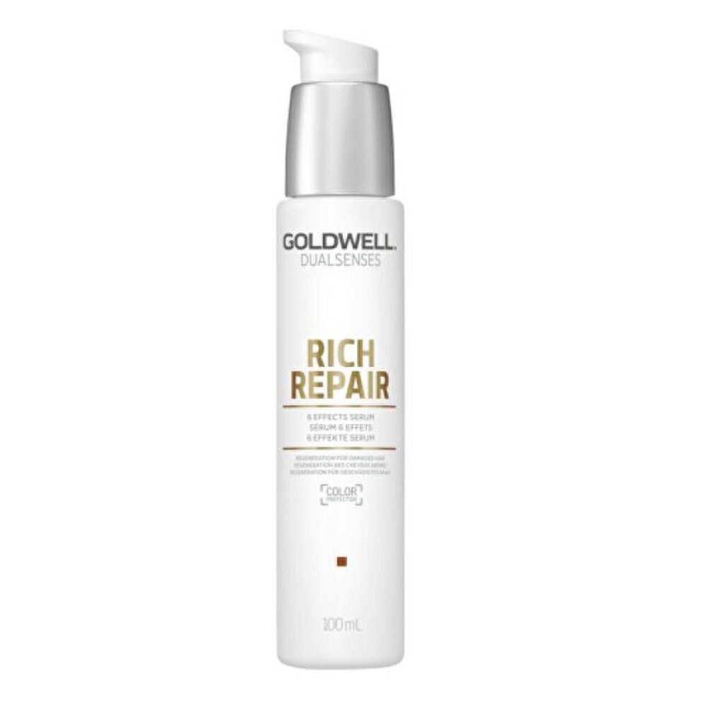 Goldwell Dualsenses Rich Repair Haarserum. Weiße Flasche mit silbernem Pumpkopf. Text: Rich Repair, 6 Effects Serum.