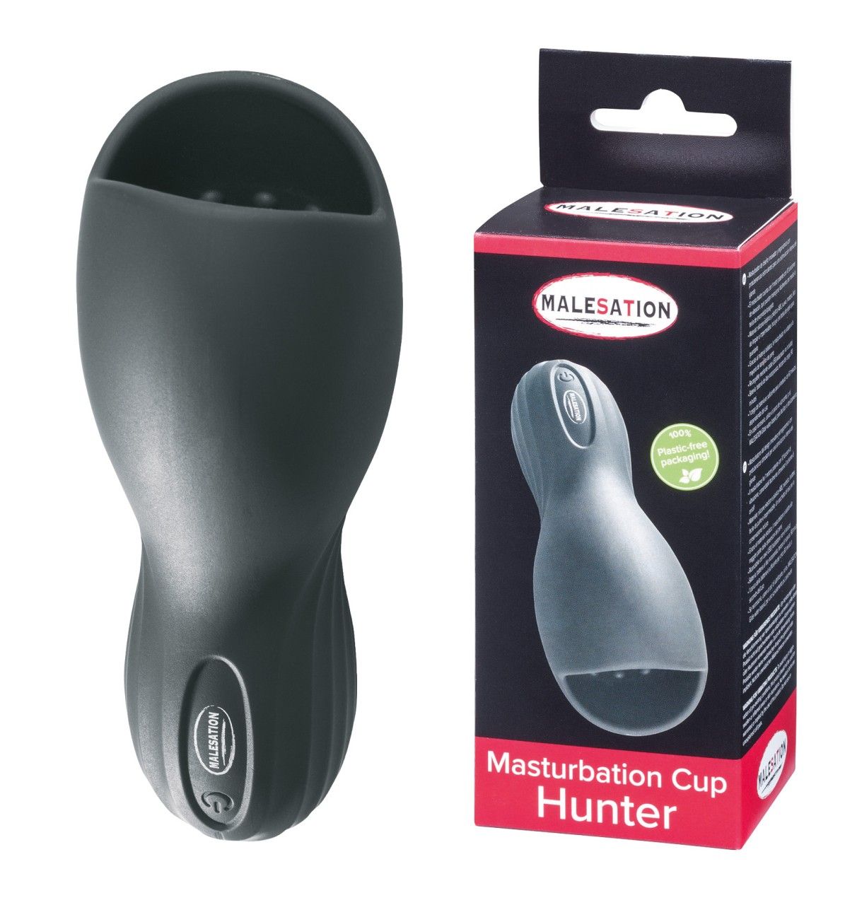 Schwarze Masturbationscup neben Verpackung. Verpackung mit Produktabbildung und Schriftzug MALESATION Masturbation Cup Hunter.