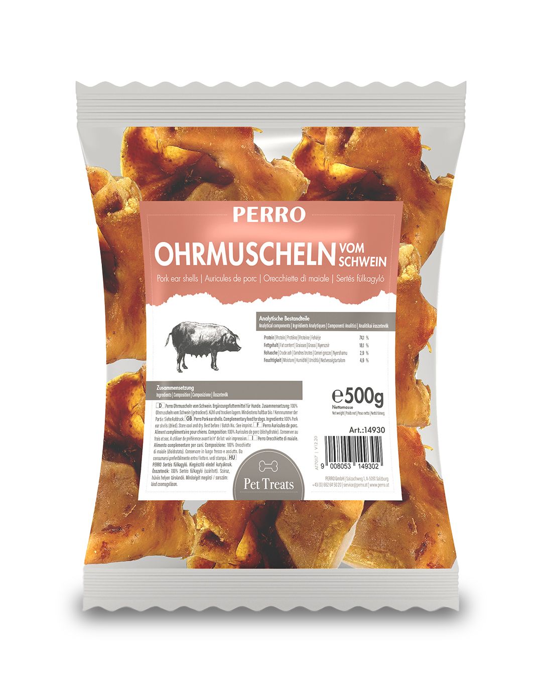 Verpackung mit PERRO Ohrmuscheln vom Schwein. Inhalt: getrocknete Schweineohren. Aufdruck: e500g, Art. 14930. Logo: Pet Treats.