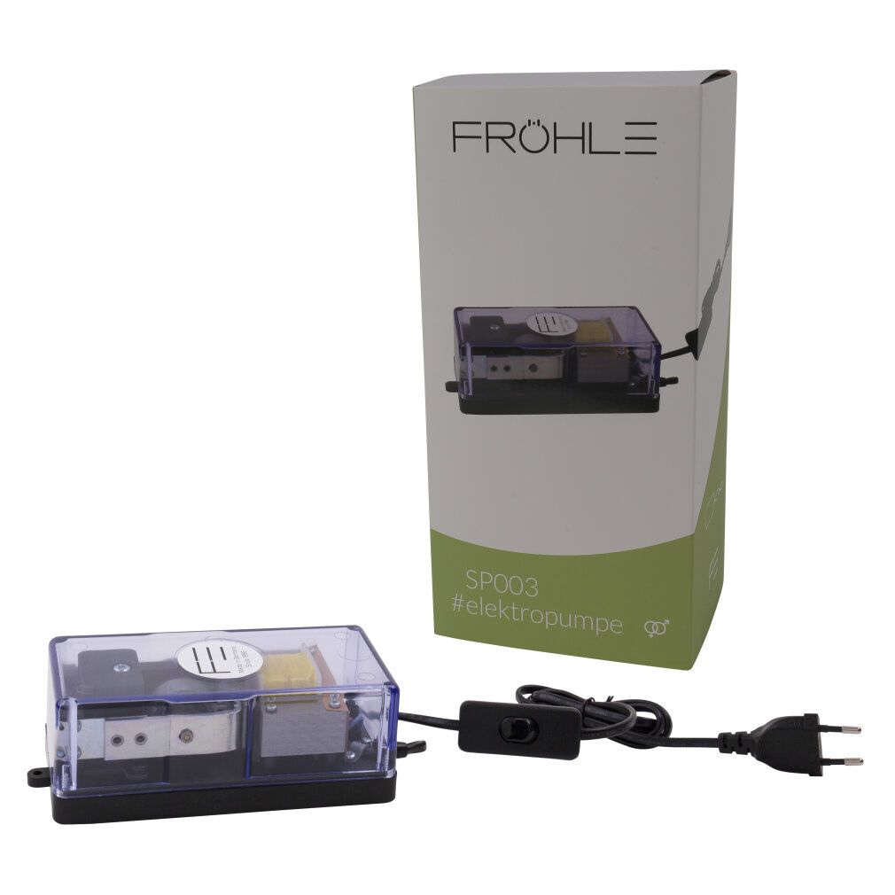 Elektropumpe mit transparentem Gehäuse, Netzstecker, Schalter und Verpackung mit Logo FRÖHLE.