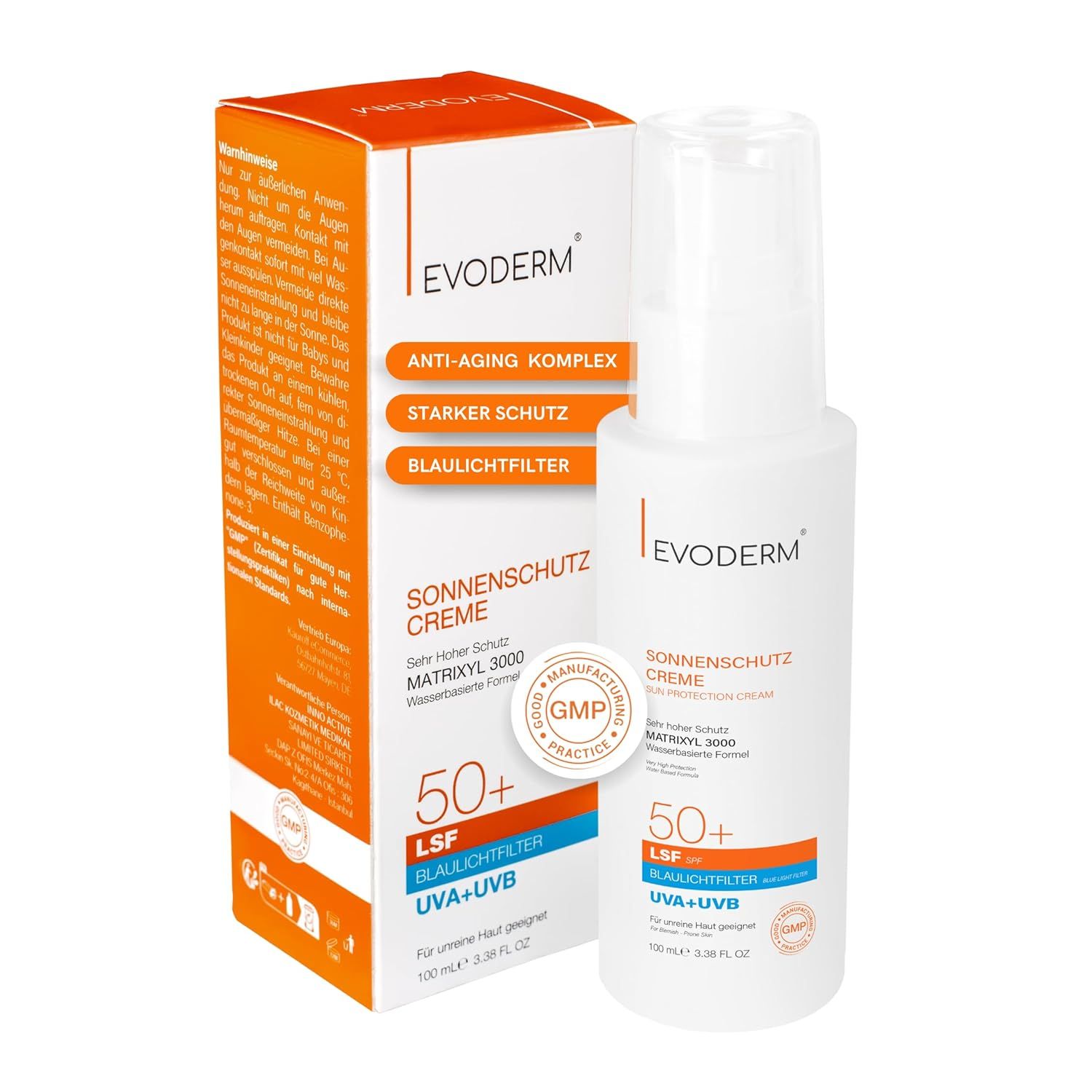Sonnencreme-Flasche und Verpackung. LSF 50+, UVA+UVB, Blaulichtfilter. GMP-Zertifizierung.