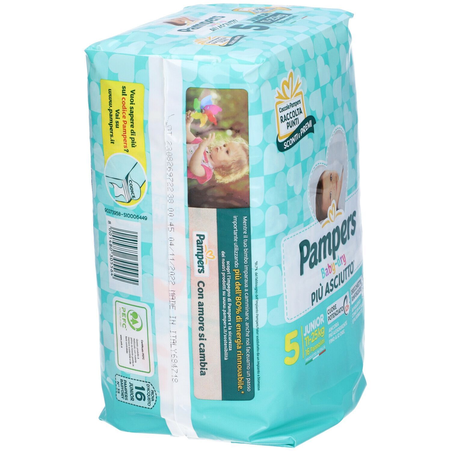Confezione di pannolini Pampers Baby Dry, taglia 5 Junior (11-25kg). Design turchese e bianco. Stampe: bambino, cuori, informazioni prodotto.