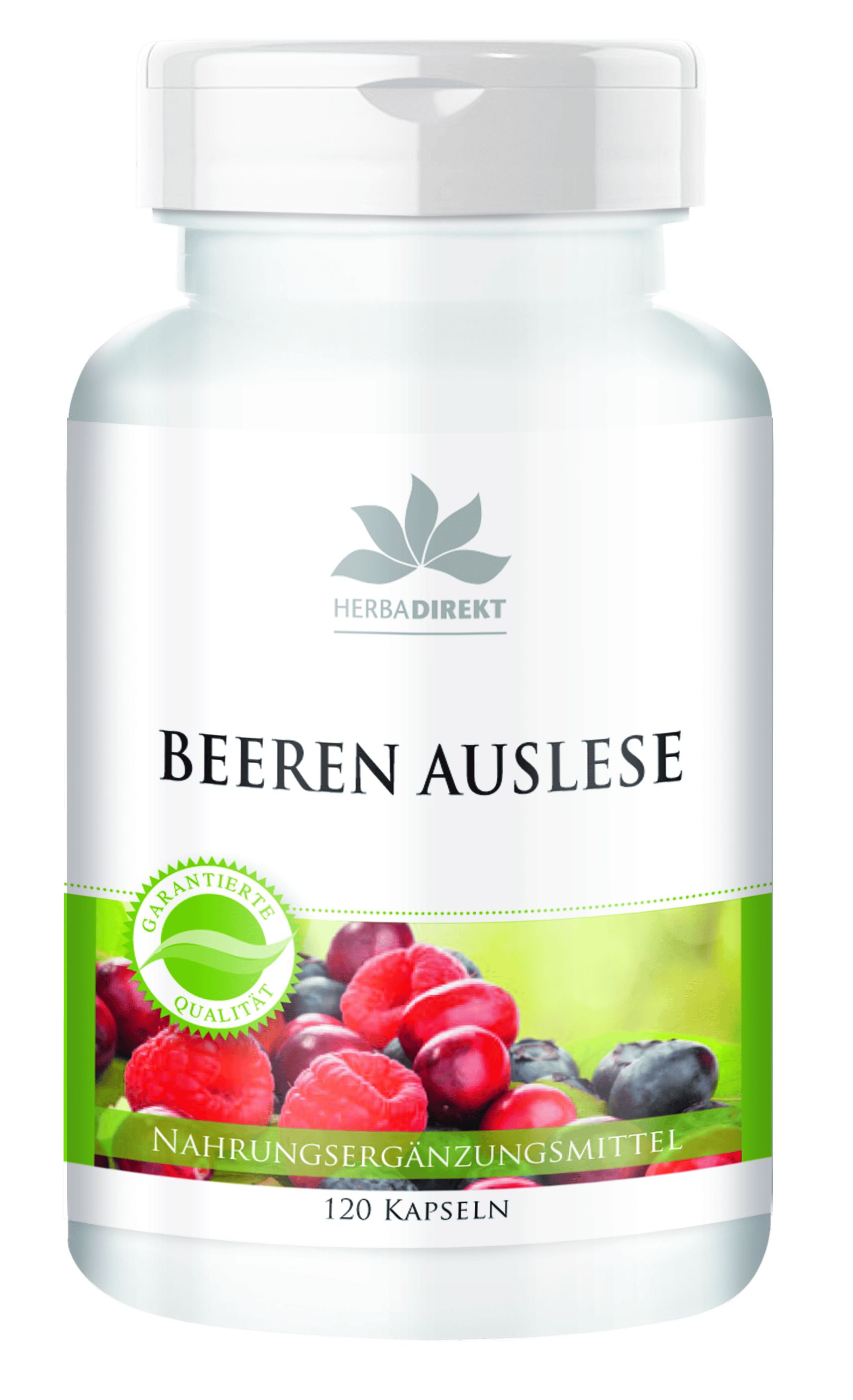 Weiße Flasche mit Beeren-Auslese-Etikett. Grün-weißes Etikett mit Beeren-Abbildung und Text. Siegel: Garantierte Qualität. 120 Kapseln.