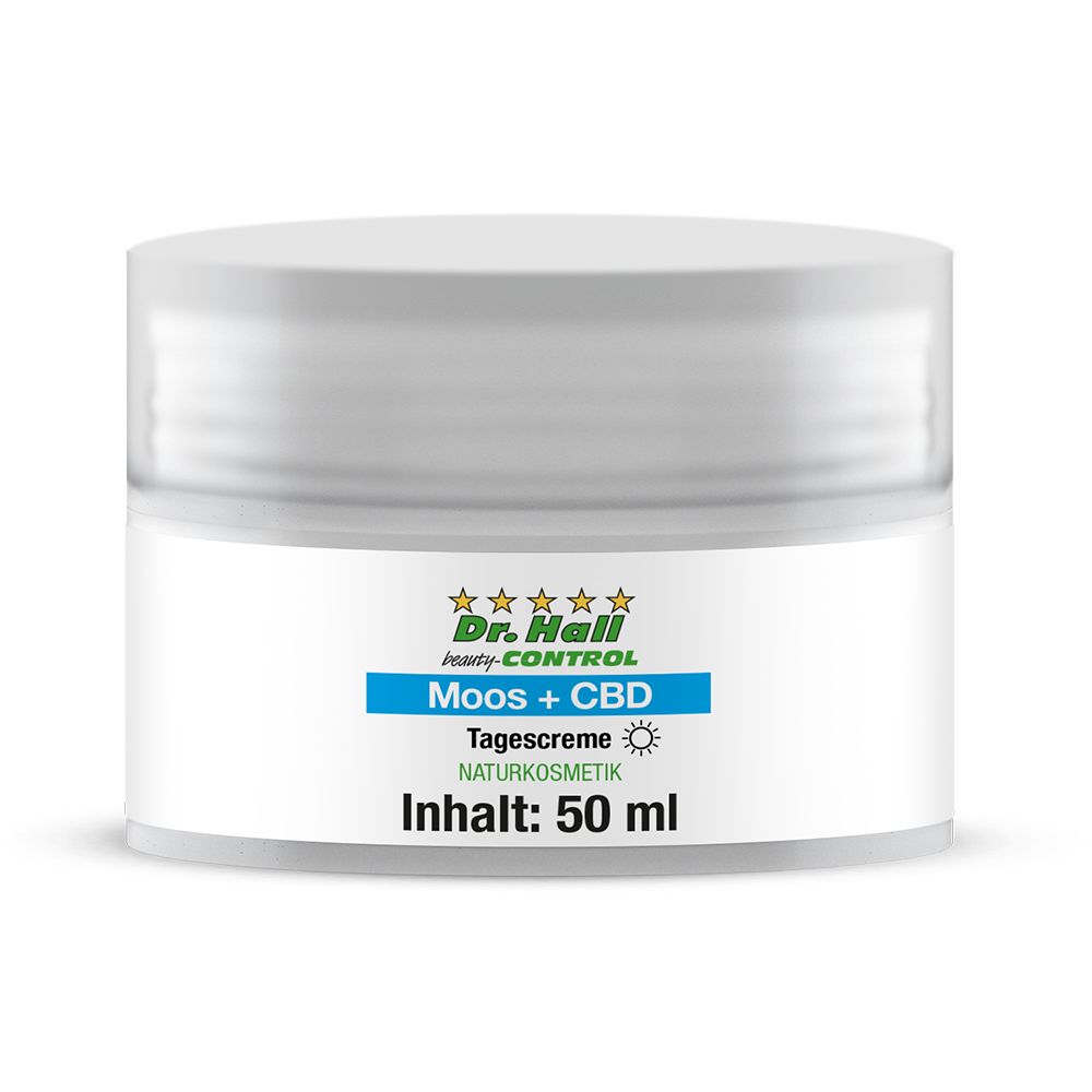 Creme-Tiegel mit weißem Deckel. Auf dem Etikett: Dr. Hall, Moos + CBD, Tagescreme, Naturkosmetik. Inhalt: 50 ml.