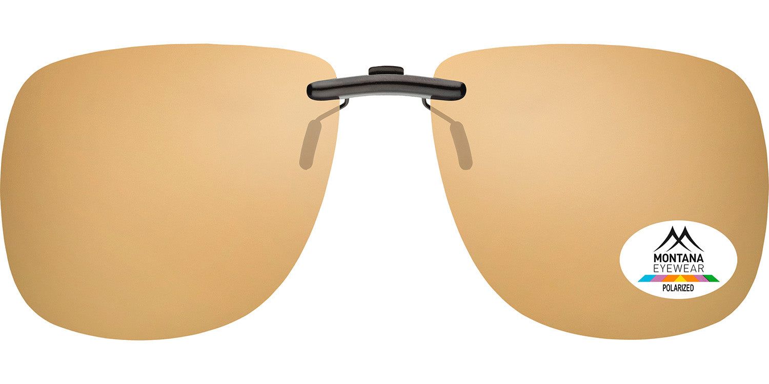 Clip-on-Sonnenbrille mit braunen Gläsern. Schwarzer Rahmen. Montana Eyewear Logo und Polarized-Aufkleber.