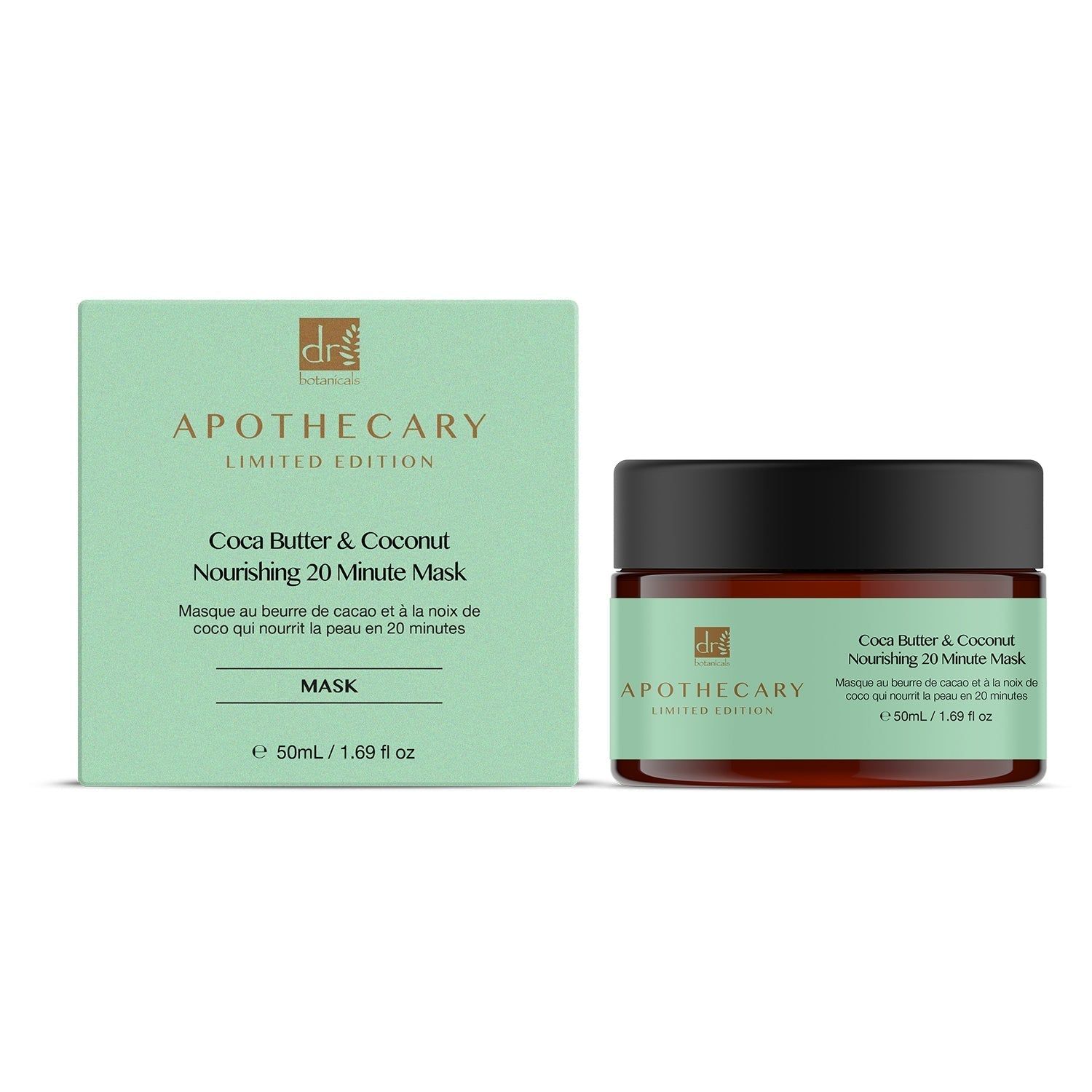 Produktverpackung mit Dose und Schachtel. Dose mit schwarzem Deckel und grünem Etikett. Schachtel mit Text: Cocoa Butter & Coconut Mask.