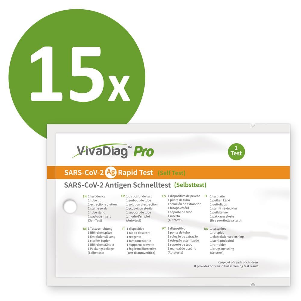 VivaDiag Pro Corona Antigen Schnelltest in Einzelverpackung. Grüne Markierung mit '15x'. Produktinformationen auf der Verpackung.