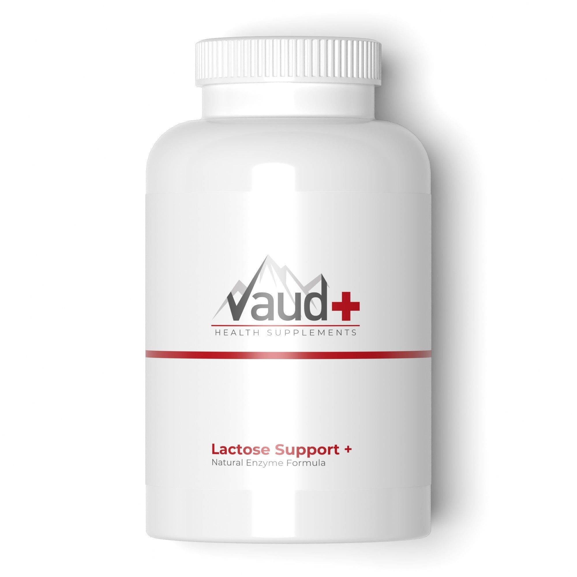 Weiße Flasche mit Schraubverschluss. Roter Streifen und Logo mit Schriftzug Vaud+ HEALTH SUPPLEMENTS. Aufschrift: Lactose Support + Natural Enzyme Formula.