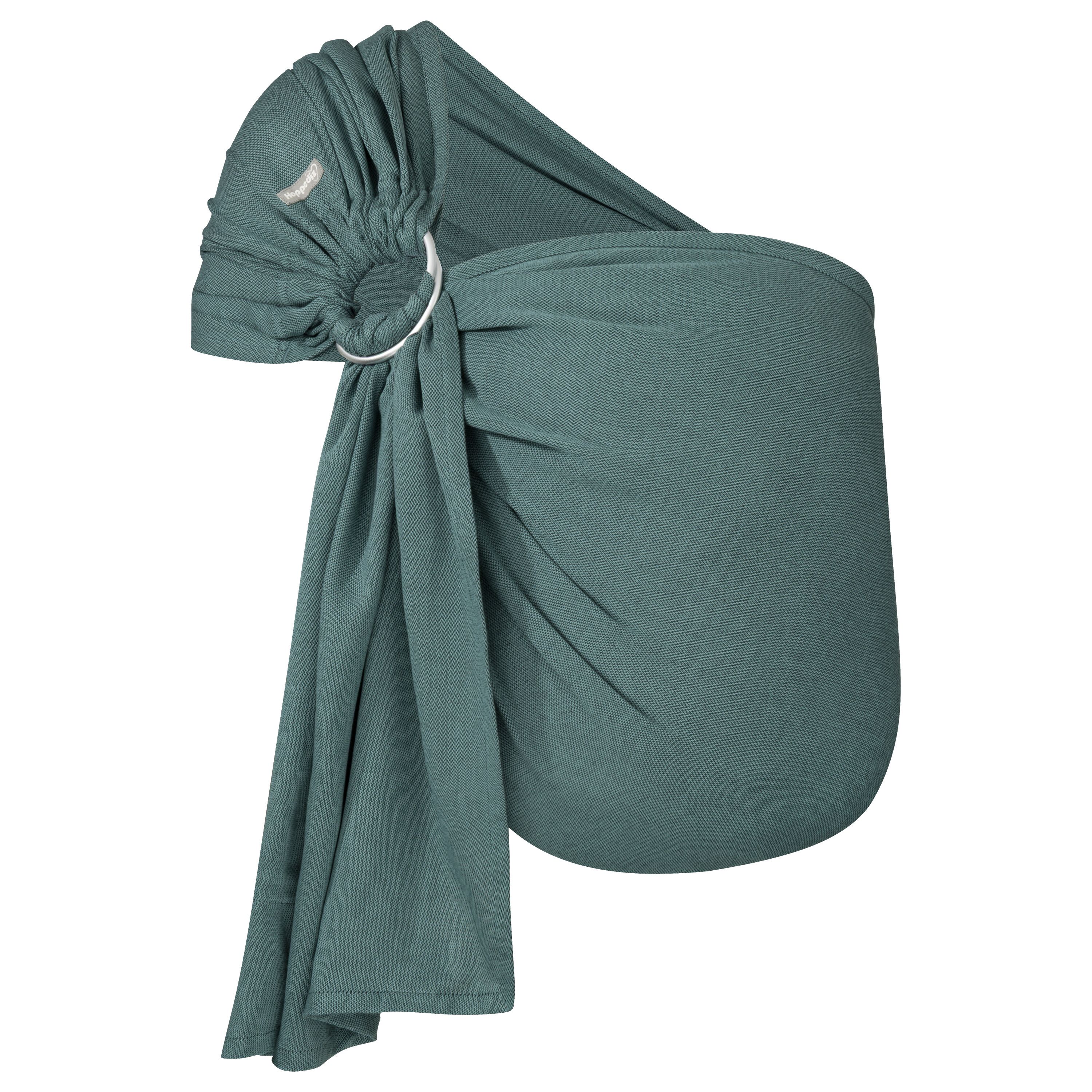 Ring-Sling, türkis, mit Metallringen. Stoff gefaltet, für Babytrage. Detailansicht.
