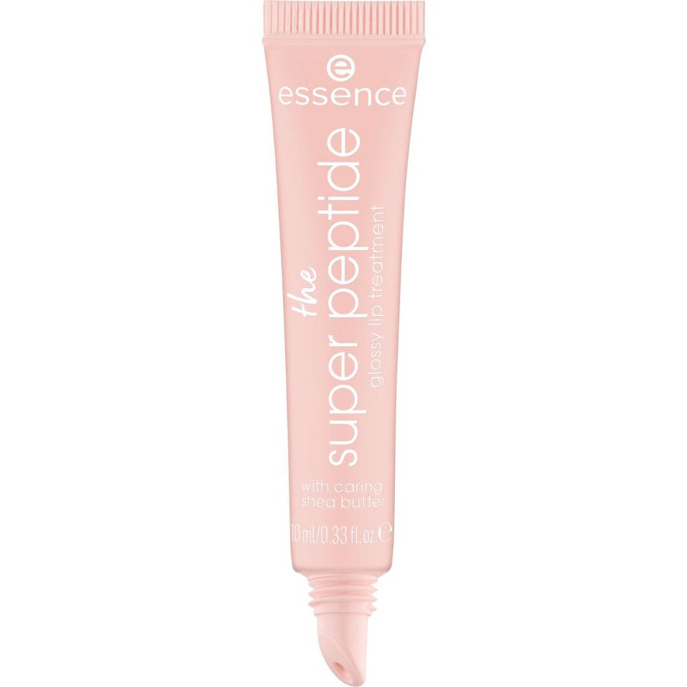 Rosa Tube mit Produktnamen und Schriftzug. Der Aufdruck beinhaltet "Essence", "the super peptide", "glossy lip treatment".