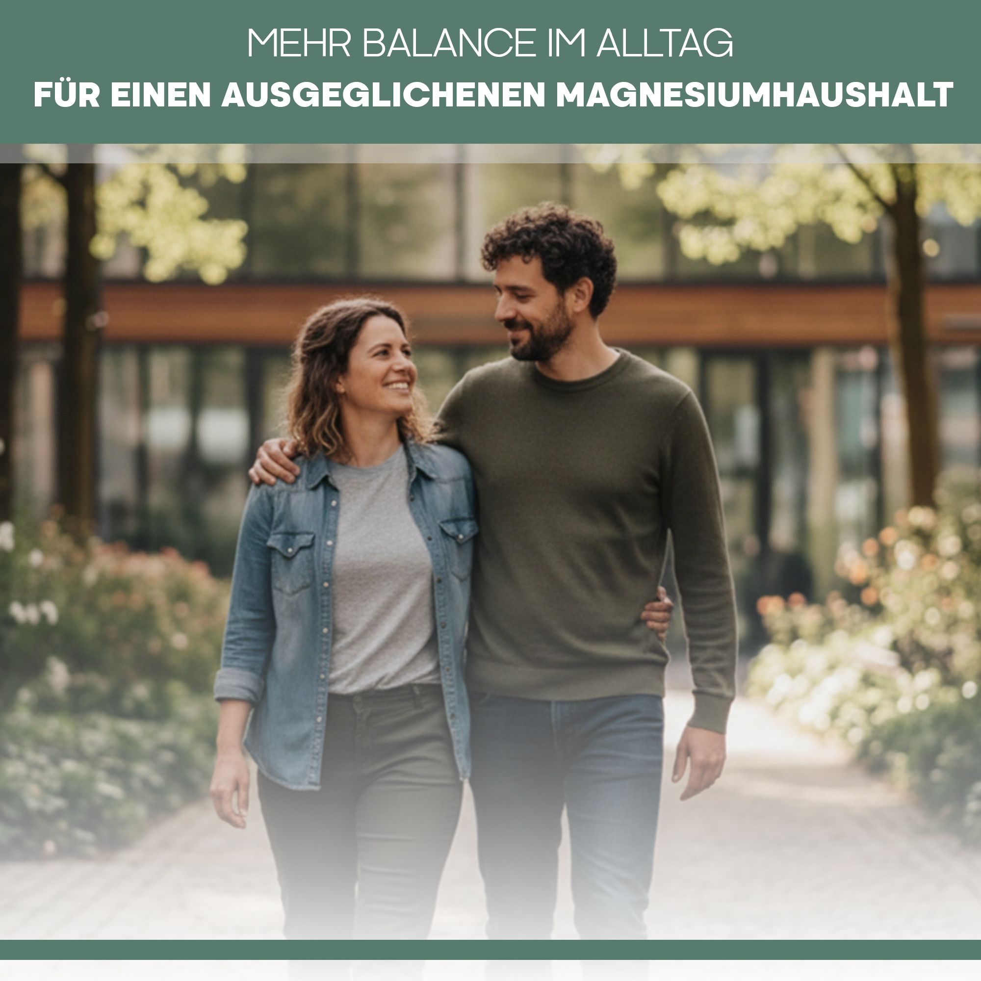 Paar spaziert im Park, Thema: Ausgeglichener Magnesiumhaushalt.