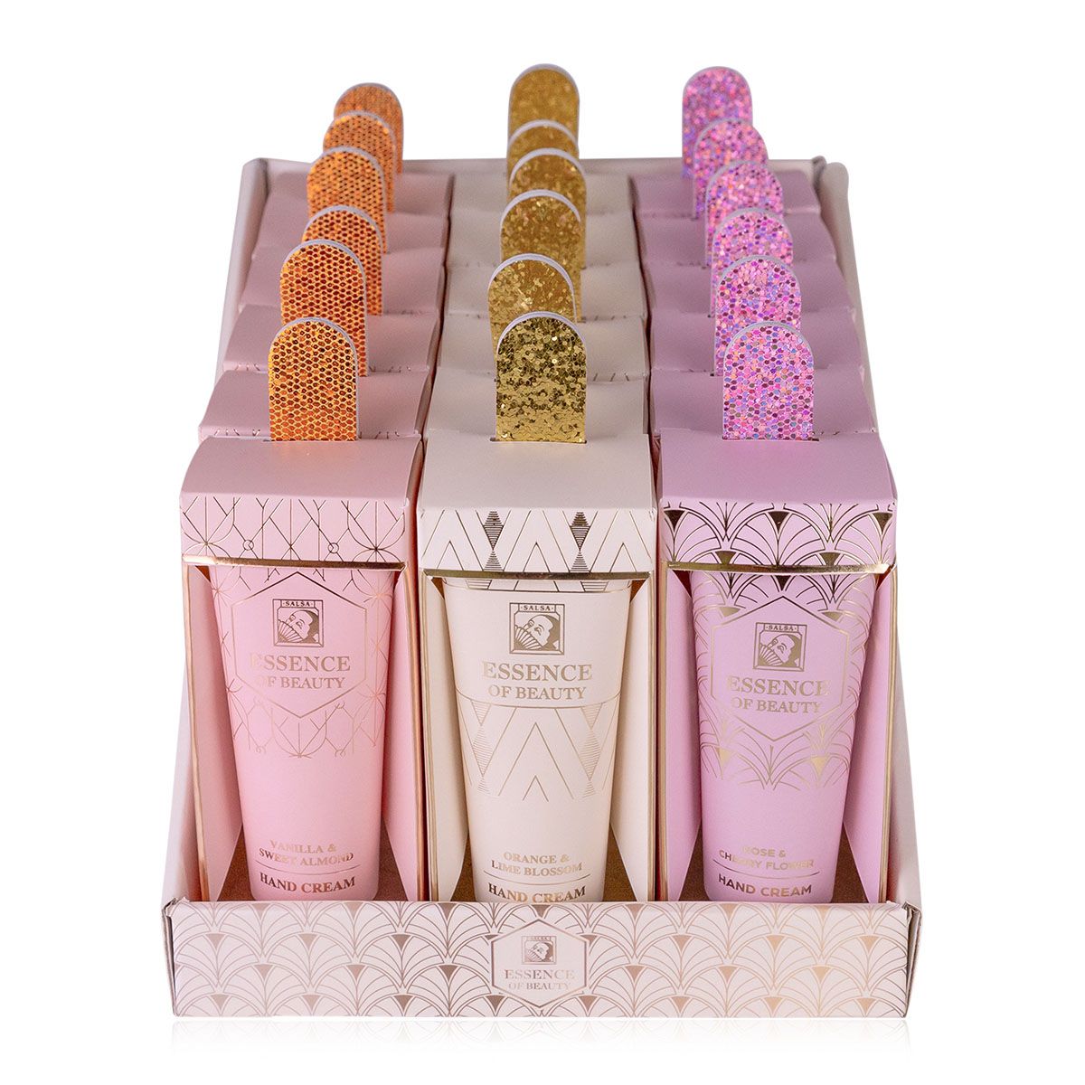 Drei Handcreme-Sets nebeneinander. Jede Flasche hat einen anderen Duft und eine andere Verschlussfarbe.