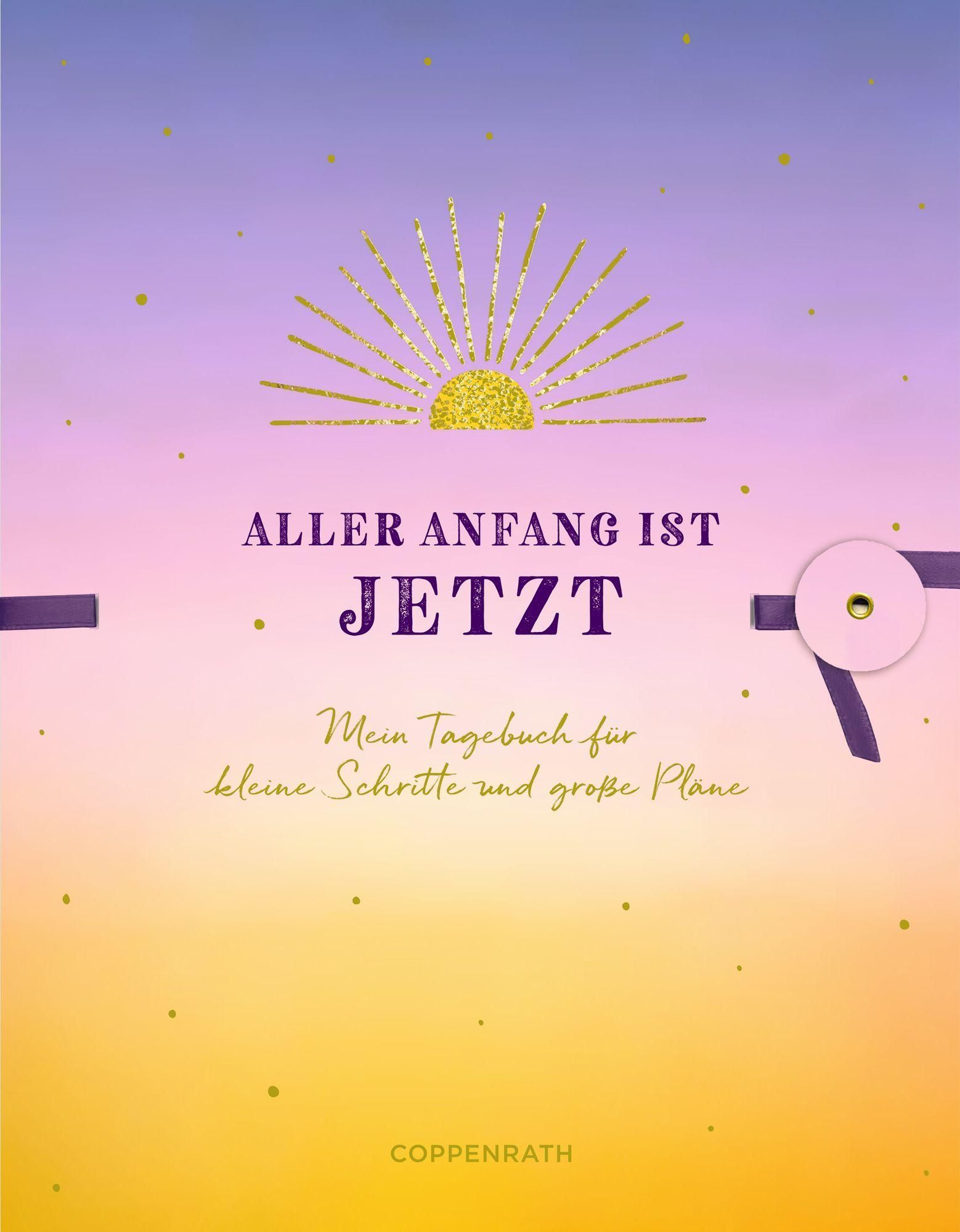 Tagebuch-Cover mit Titel 'Aller Anfang ist jetzt' und Untertitel. Goldene Sonne-Illustration. Lila und gelber Hintergrund.