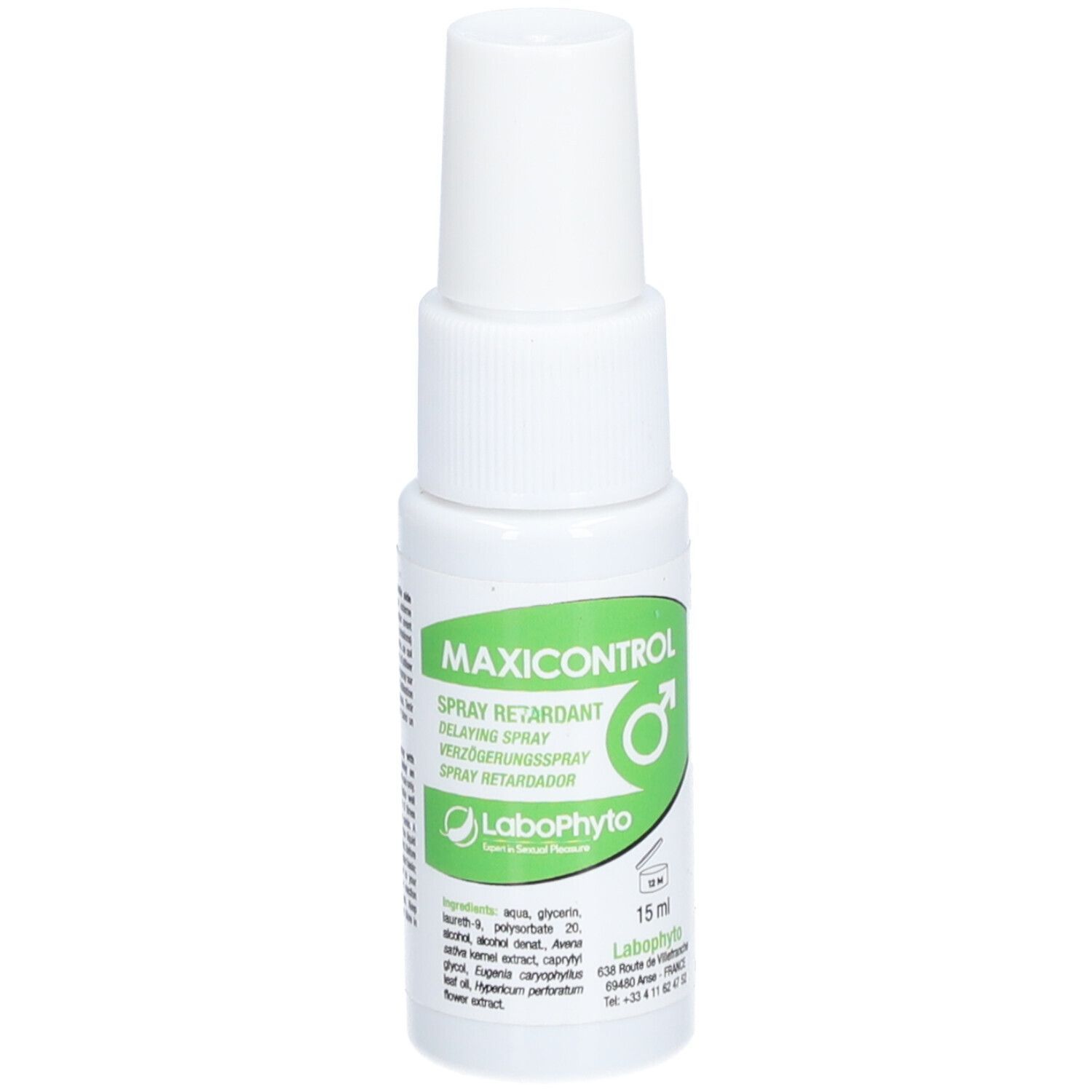 Weißes Spray mit grünem Etikett. Aufschrift: MAXICONTROL, Spray retardant. 15 ml. Logo Labophyto.