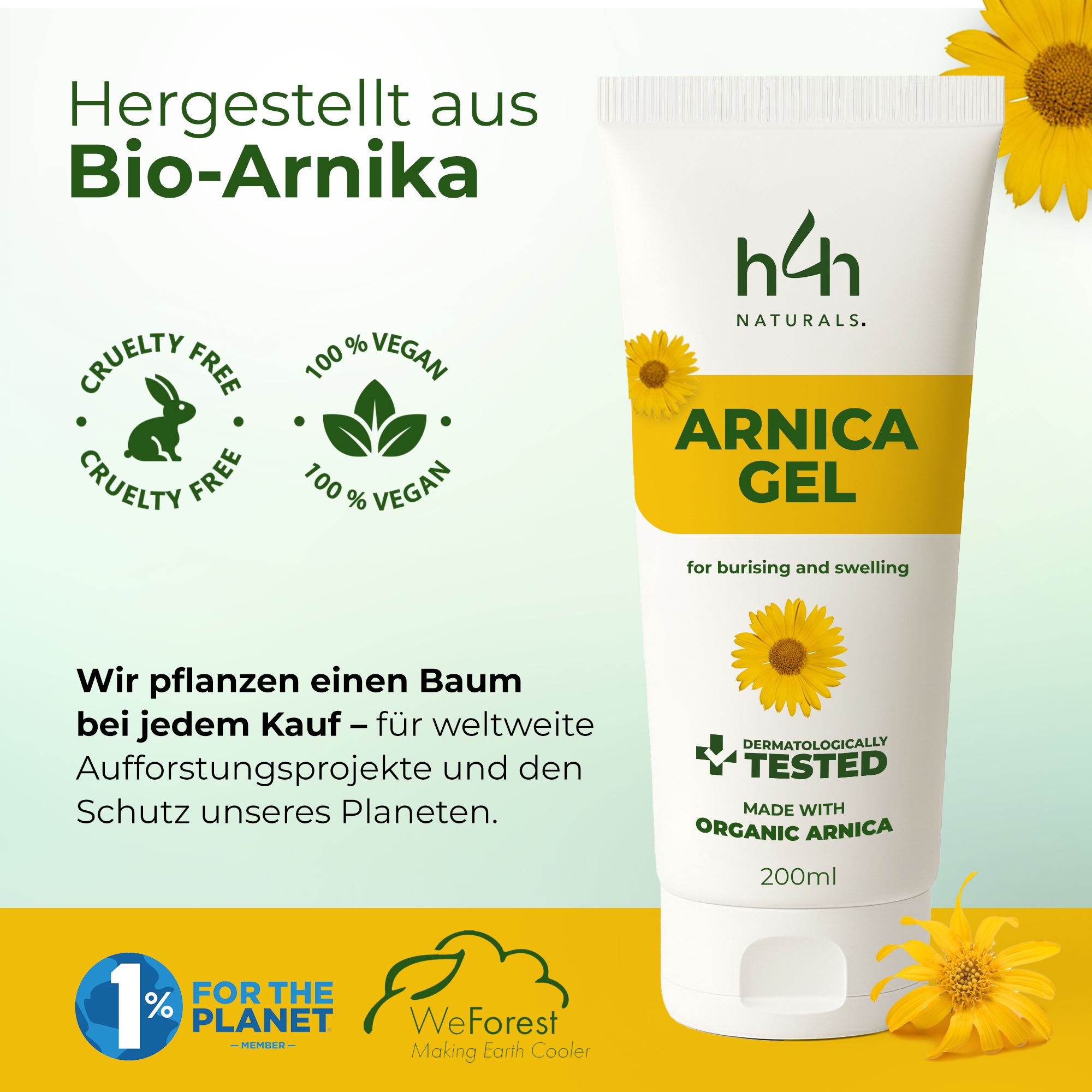 Weiß-gelbe Tube Arnika Gel, h4h Naturals. Logos: Cruelty Free, Vegan, 100% Vegan. Text: Hergestellt aus Bio-Arnika.