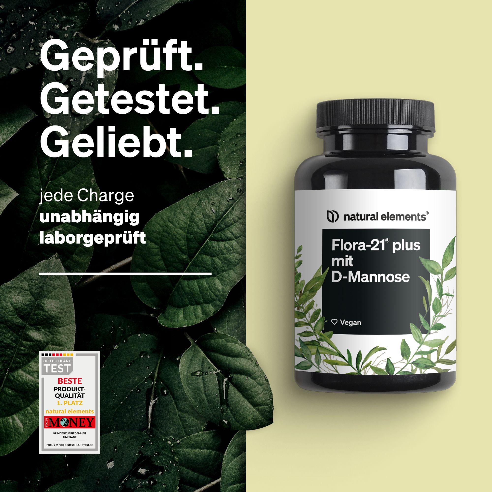 Schwarze Flasche mit weißem Etikett. Aufschrift: Flora-21 plus mit D-Mannose. Vegan-Logo. Grüne Blätter. Text: Geprüft. Getestet. Geliebt.