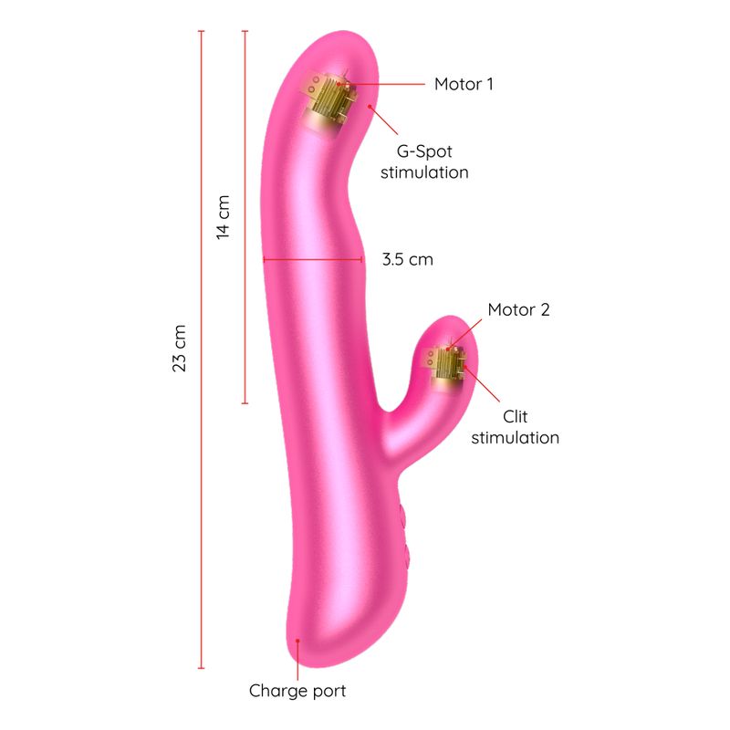 Rosa Vibrator mit zwei Motoren. Maße: 23 cm lang, 14 cm hoch, 3,5 cm breit. G-Punkt- und Klitoris-Stimulation. Ladeanschluss.
