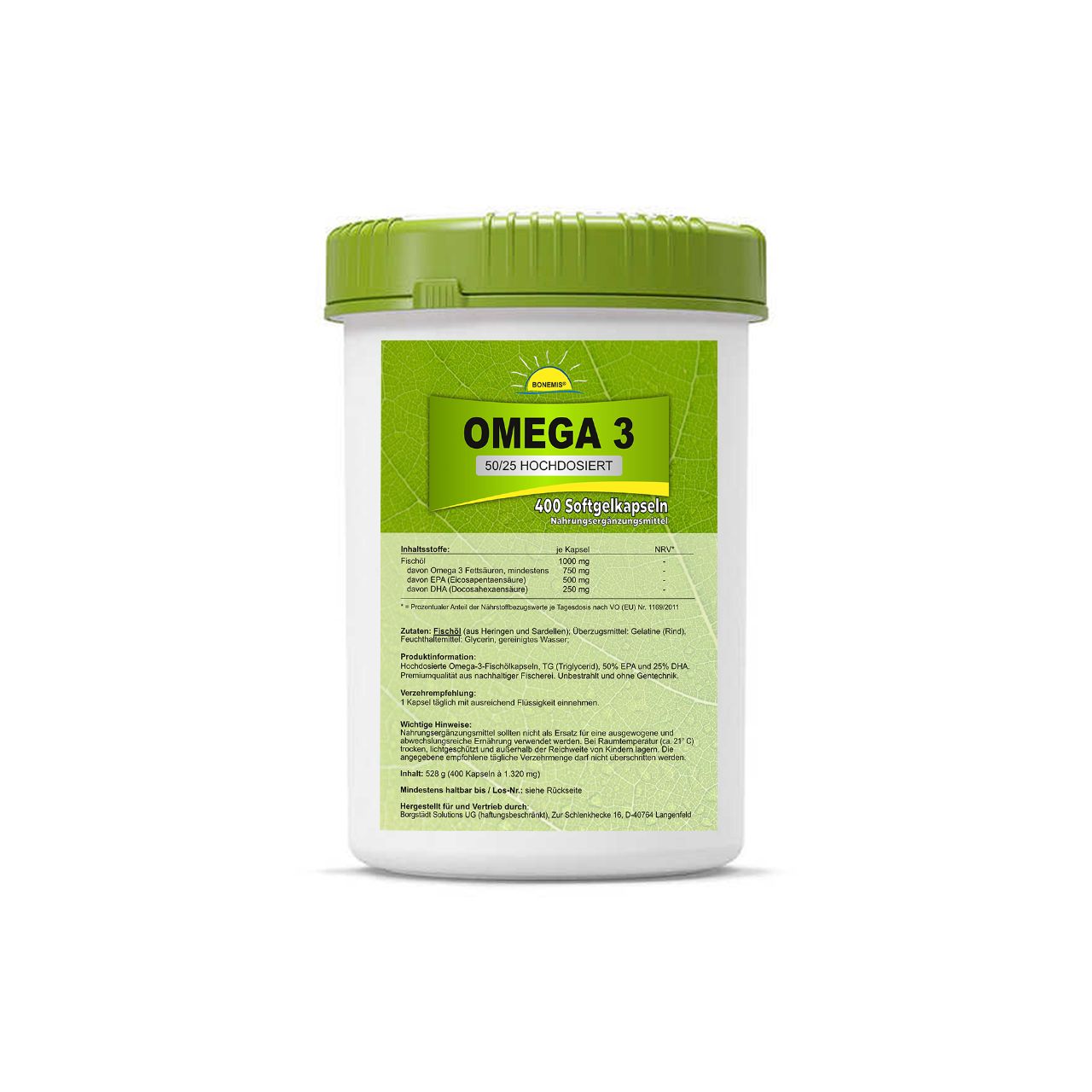 Bonemis® Omega 3, hochdosiert (50/25), Kapseln à 1000 mg in Bio-HDPE-Dose (aus Zuckerrohr) 0,528 kg