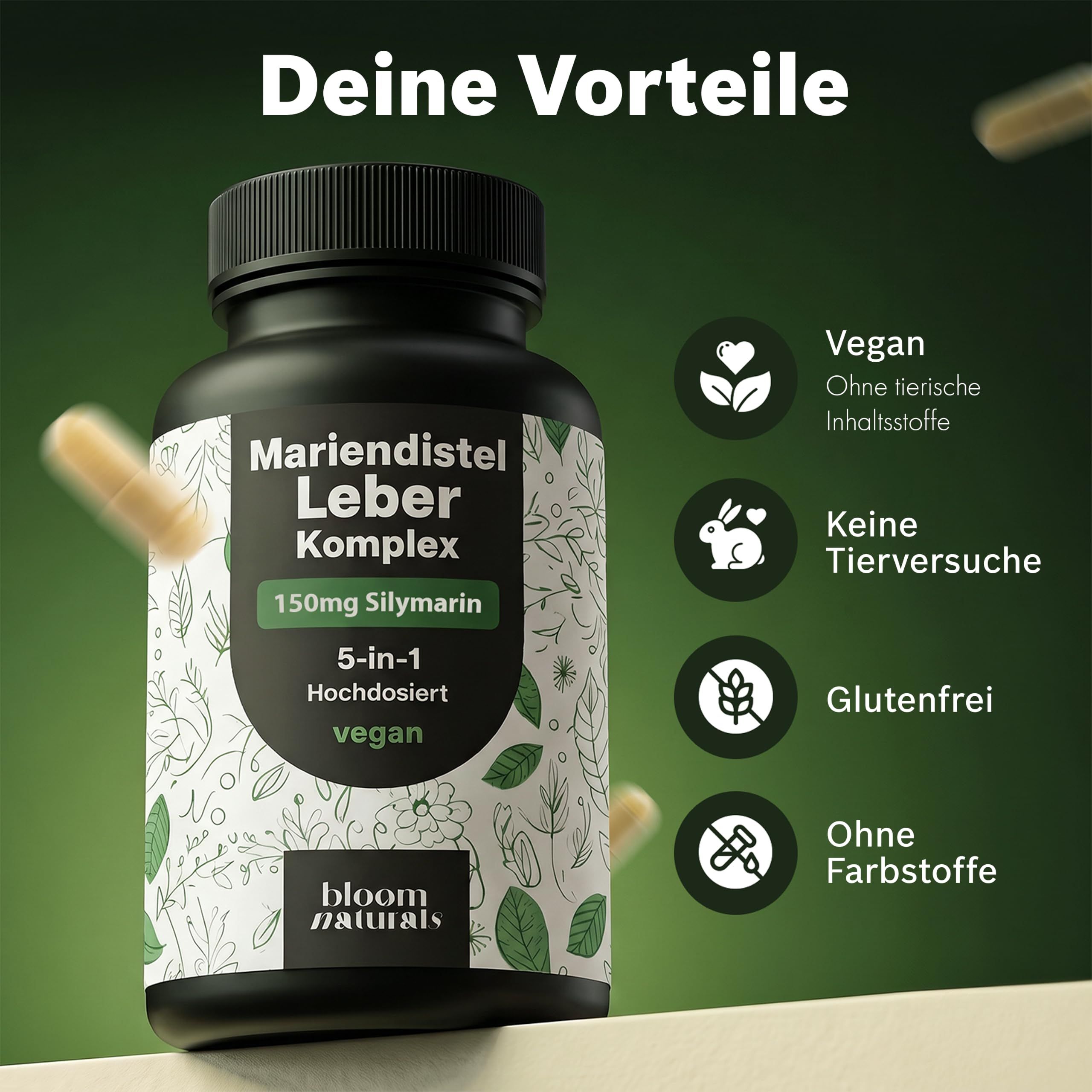 Bloom Naturals Leber Komplex Behälter mit Siegeln: Vegan, Keine Tierversuche, Glutenfrei, Ohne Farbstoffe.
