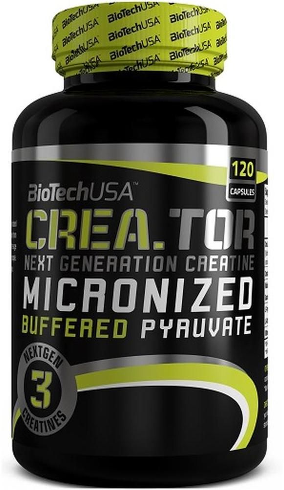 Schwarze Flasche mit gelbem Deckel. Aufschrift: BioTechUSA, Crea.Tor, Micronized Buffered Pyruvate. 120 Kapseln.