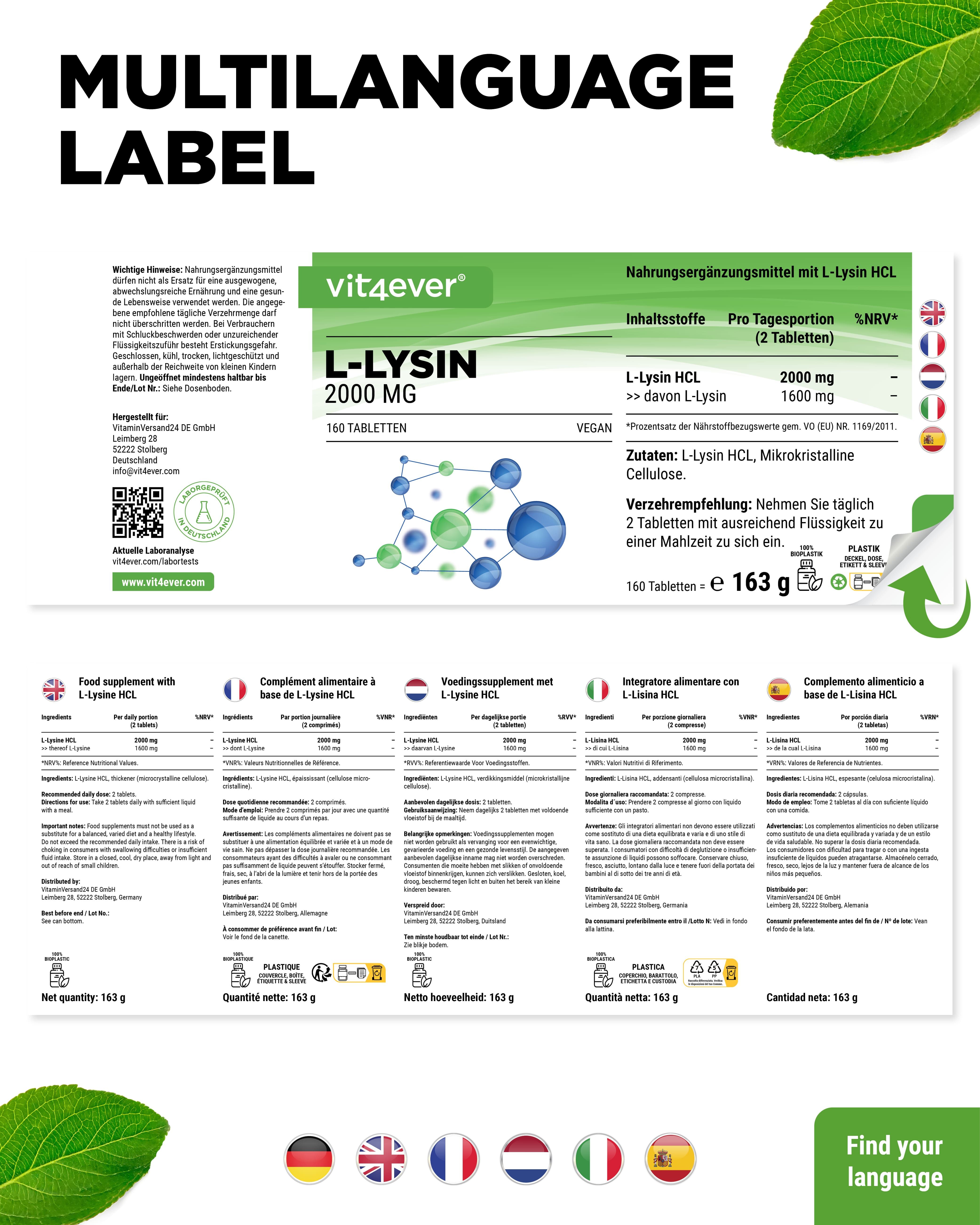 Weiße Flasche mit grünem Deckel. Aufschrift: vit4ever L-LYSIN 2000 MG. Vegan. 160 Tabletten. Mehrsprachiges Etikett.