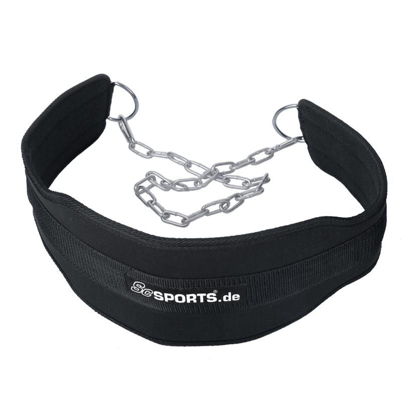 Schwarzer Dip Gürtel aus Nylon mit Kette und Ringen. Aufschrift ScSPORTS.de.