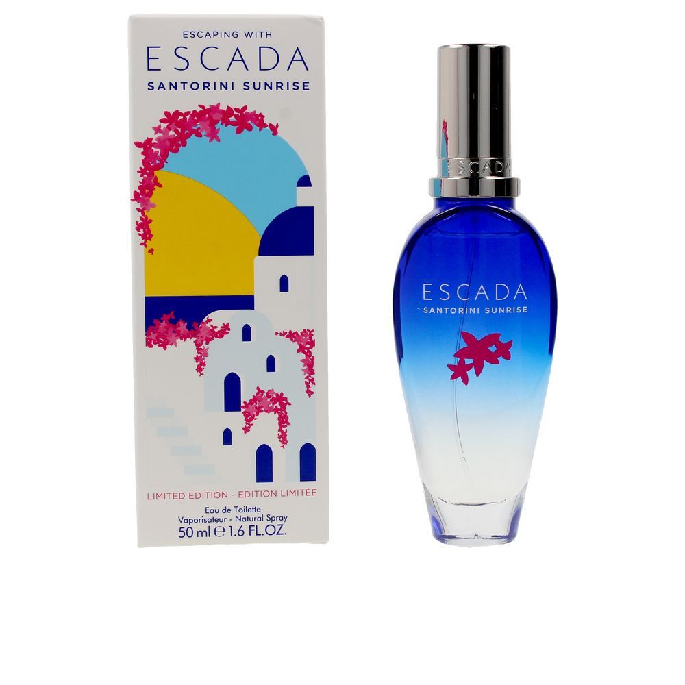 Flakon und Verpackung von Escada Santorini Sunrise. Flakon blau-weiß, silberner Deckel. Verpackung mit Illustrationen.